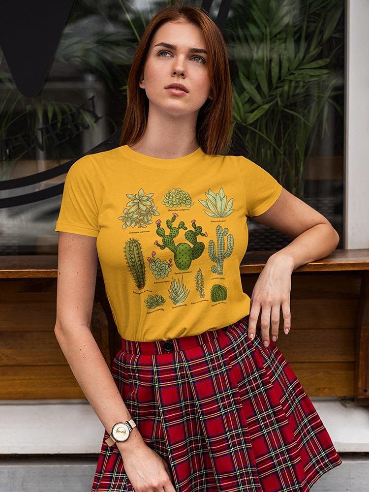 Stylish Women's Plants and Cacti Graphic T-Shirt | Trendy Botanical Print Tee | SmartPrintsInk Gold Design | Perfect for Casual Wear, Summer Outfits & Nature Lovers