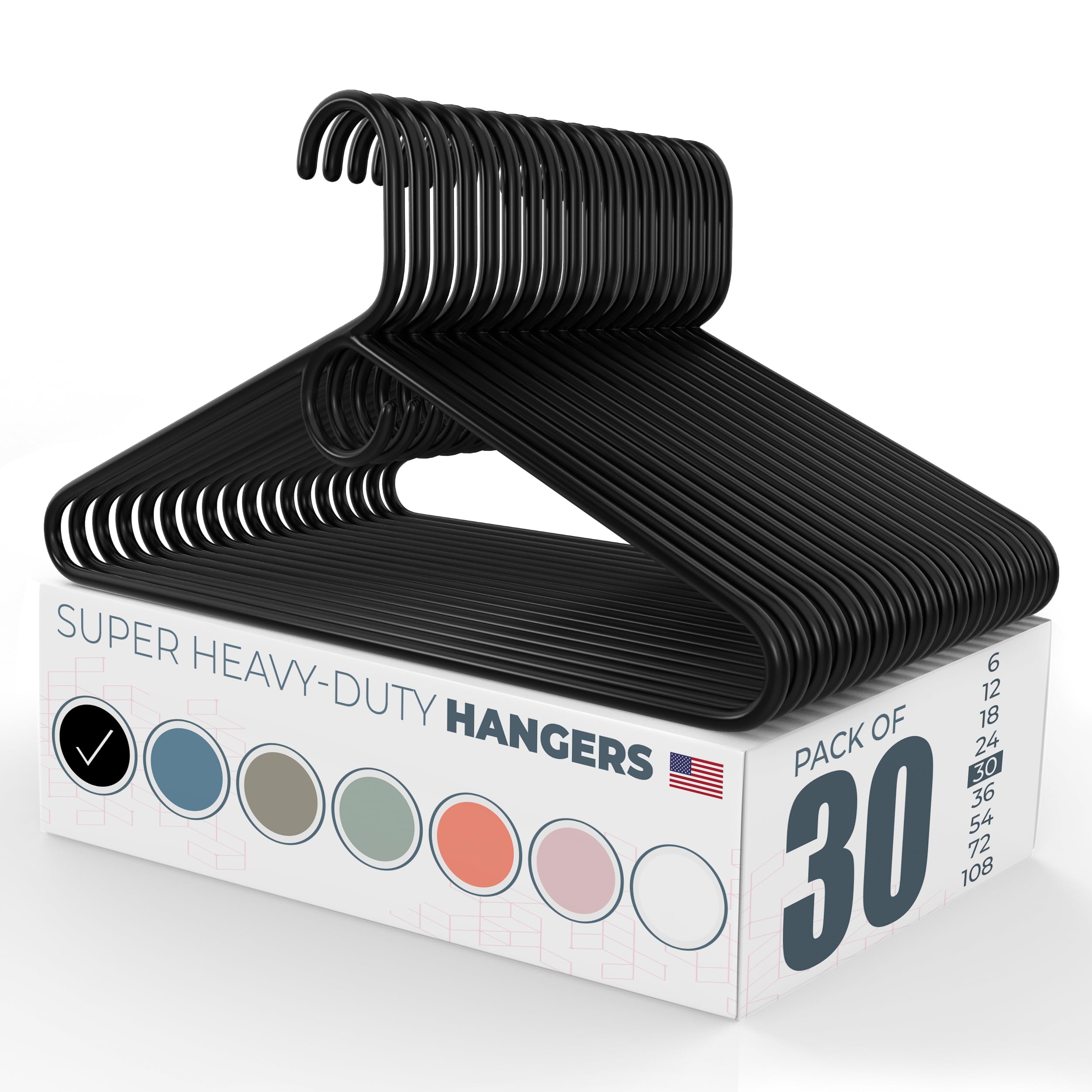 Super Heavy Duty Plastic Clothes Hangers Bulk Pack - 20/30/50/100 Pack Options - Strong Durable Coat Hangers for Closet Organization & Wardrobe Storage - Made in USA (30 Pack Black) - Perfect for Retail Stores, Dry Cleaners & Home Closet Organization