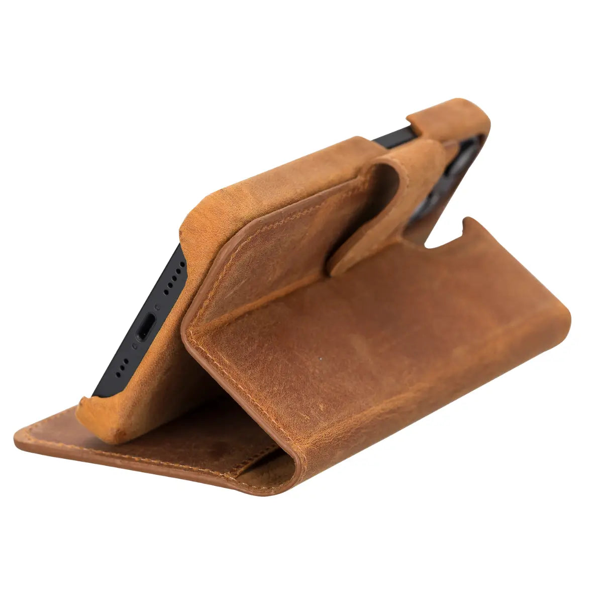 Premium Genuine Camel Brown Leather Wallet Case for iPhone 14 - Slim RFID Blocking Card Holder & Phone Cover (Perfect for Travel, Business & Everyday Use)