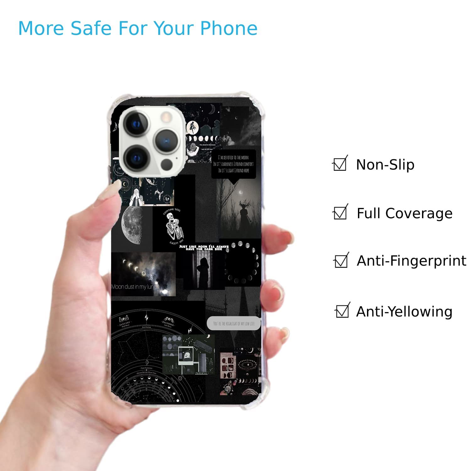 Trendy Black Aesthetic iPhone 13 Pro Max Case - Space Dark Moon & Girl Collage Design | Soft TPU Protective Cover for Women & Girls | Perfect for Daily Use, Travel & Fashion Accessories