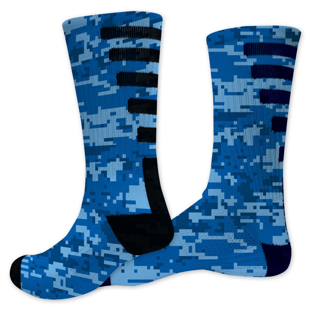 VictoryStore Apparel - Blue Army Camo Performance Crew Socks for Men & Women | Moisture Wicking, Breathable & Cushioned Athletic Socks for Running, Hiking & Outdoor Activities