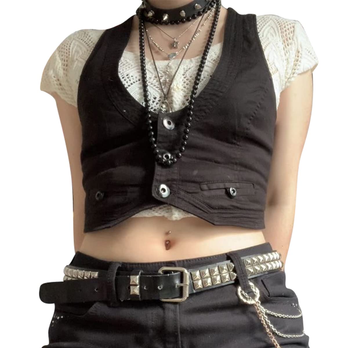 Women's Y2K Vintage Waistcoat Vest - Gothic Halter V-Neck Crop Top Corset with Buttons | Steampunk Grunge Racerback Jacket for Casual Outfits, Cosplay & Festival Fashion