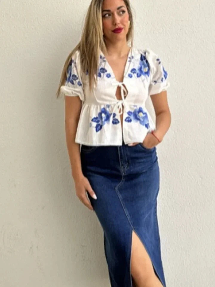 Women's Fashion Print Bow Lace-Up Blouse - Loose V-Neck Short Puff Sleeve Top for Spring & Summer | Casual Floral Shirt for Ladies | Perfect for Office Wear, Date Nights & Weekend Outings