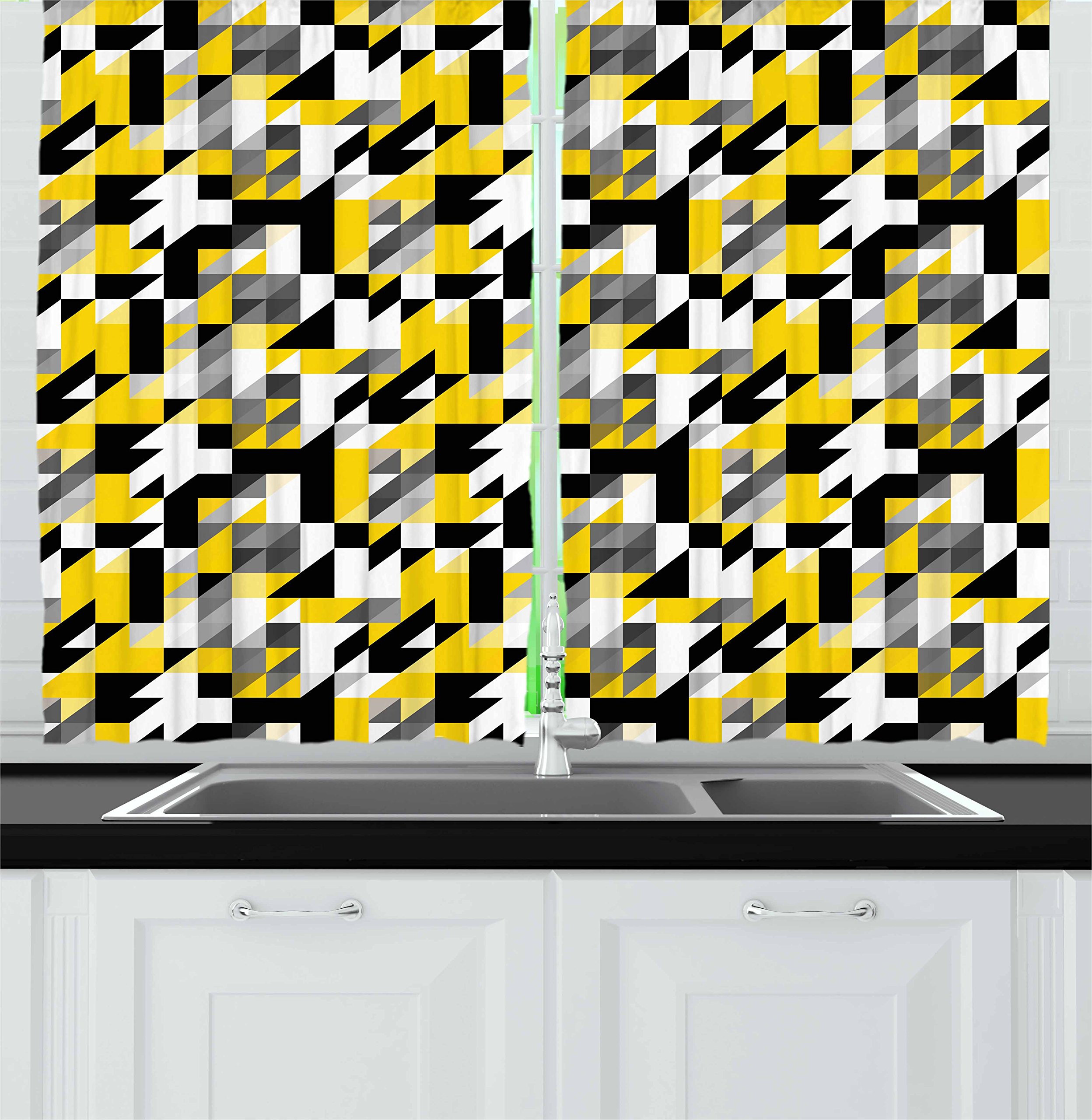 Ambesonne Geometric Kitchen Curtains Set of 2 Panels - Yellow White Grey Black Modern Design with Triangles & Squares, 55