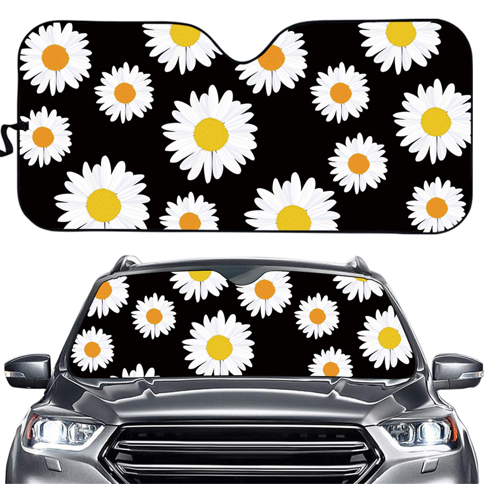JoyLamoria Car Windshield Sunshade - Elegant Daisy Flower Print Foldable Sun Visor Shield for Sedan, SUV & Truck - UV Protection & Heat Reduction for Parking & Summer Driving