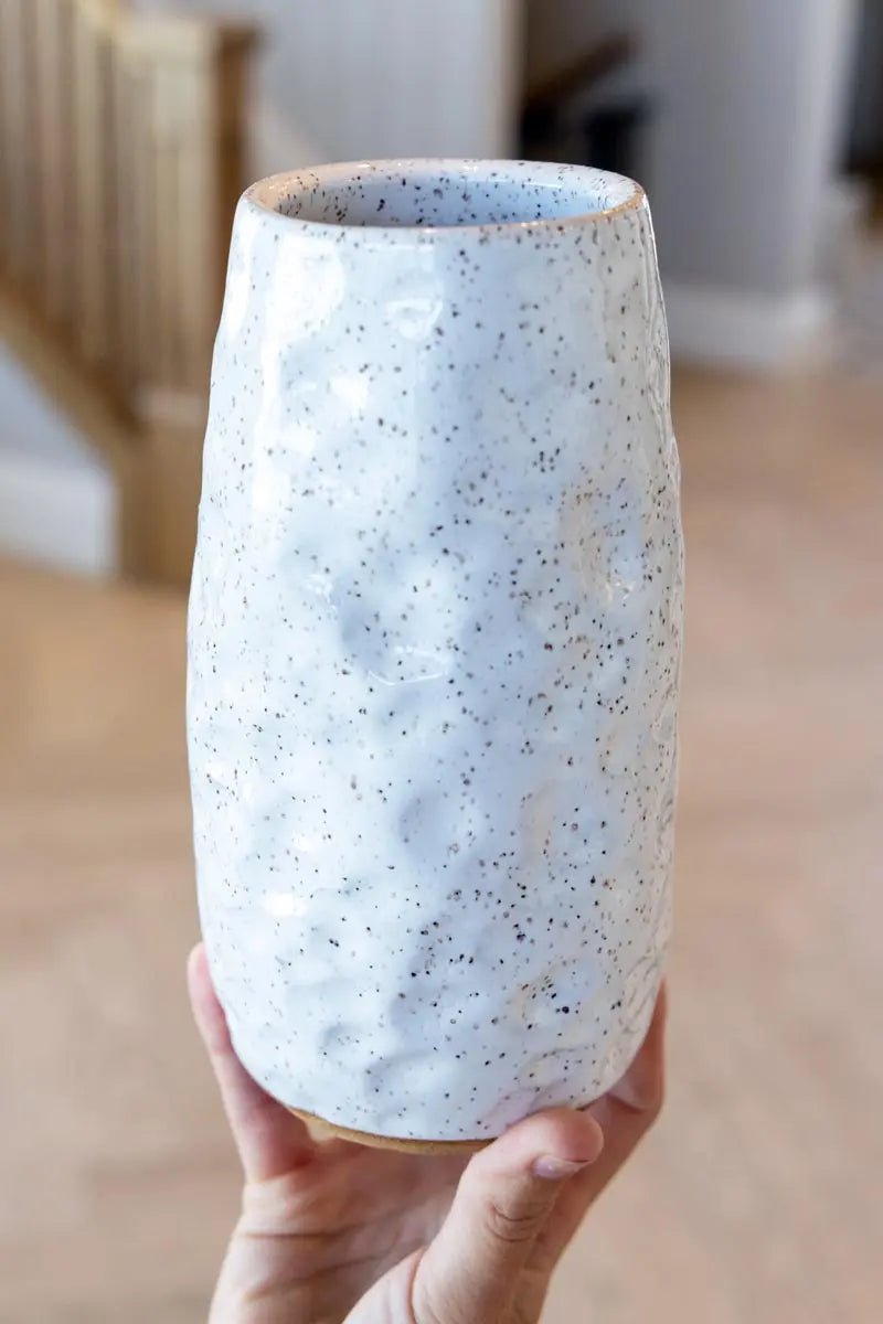 Large Hand Textured Speckled Stoneware Flower Vase - White Ceramic Vase for Home Decor, Wedding Centerpiece & Farmhouse Style Arrangements