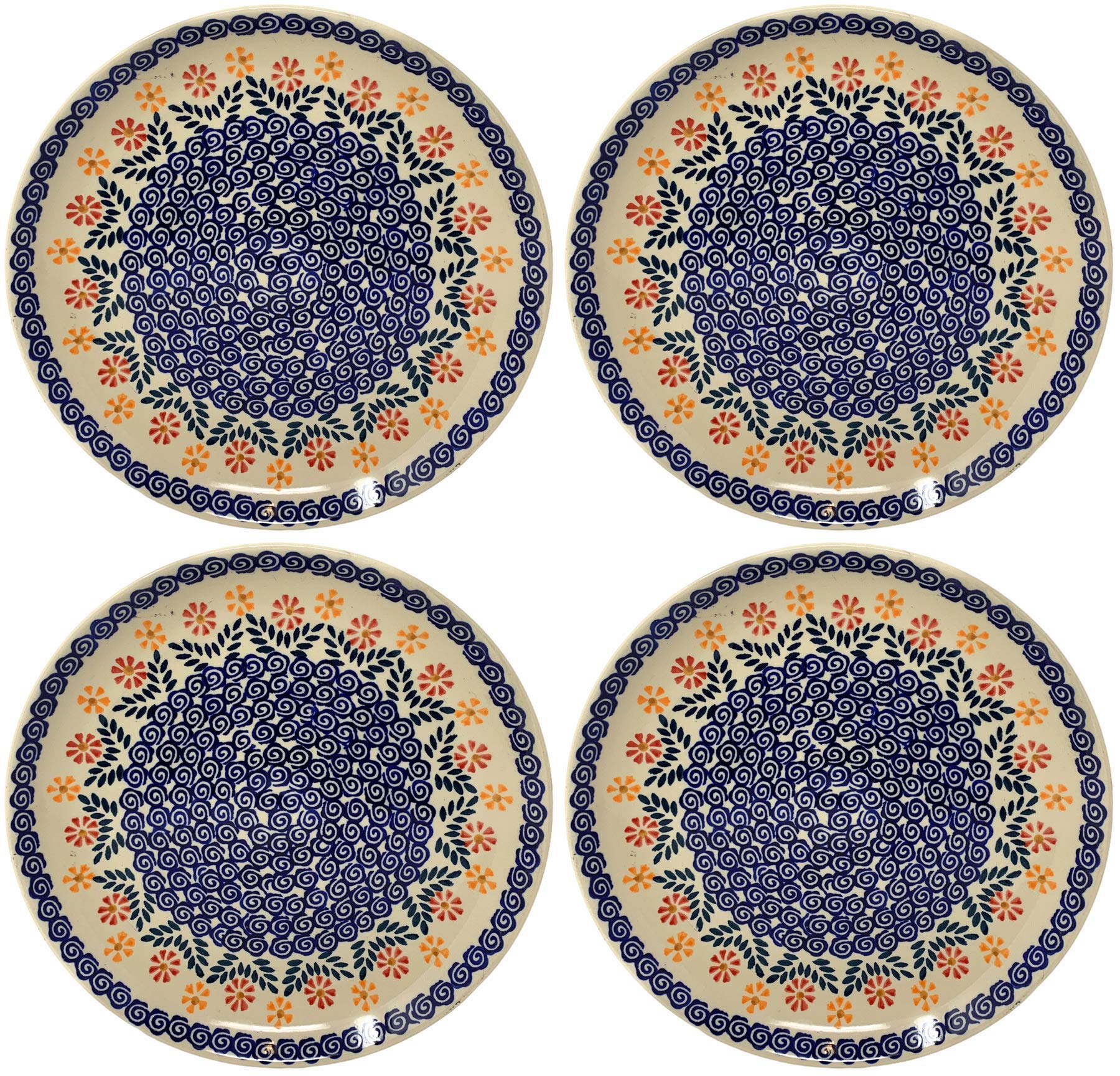 Handmade Polish Pottery Cheery Flowers Dinner Plates - Set of 4, Ceramic Plates for Everyday Use, Special Occasions & Dinner Parties