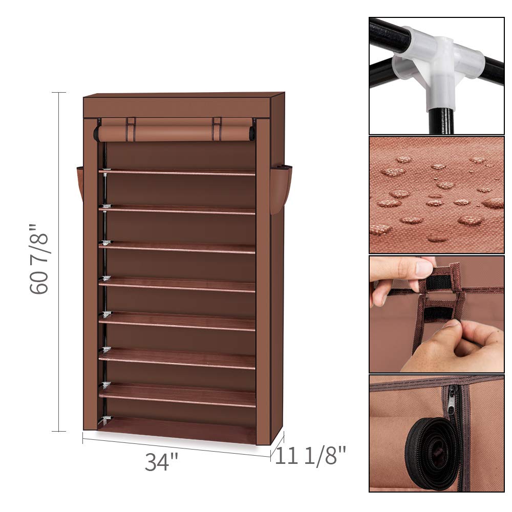 10-Tier Shoe Rack Organizer with Dustproof Cover - Free Standing Shoe Storage Cabinet for Closet & Entryway - Holds 40 Pairs of Shoes for Sneakers, Boots & High Heels - Space Saving Home Organization Solution for Bedroom, Hallway & Dorm Room (Coffee Brown)