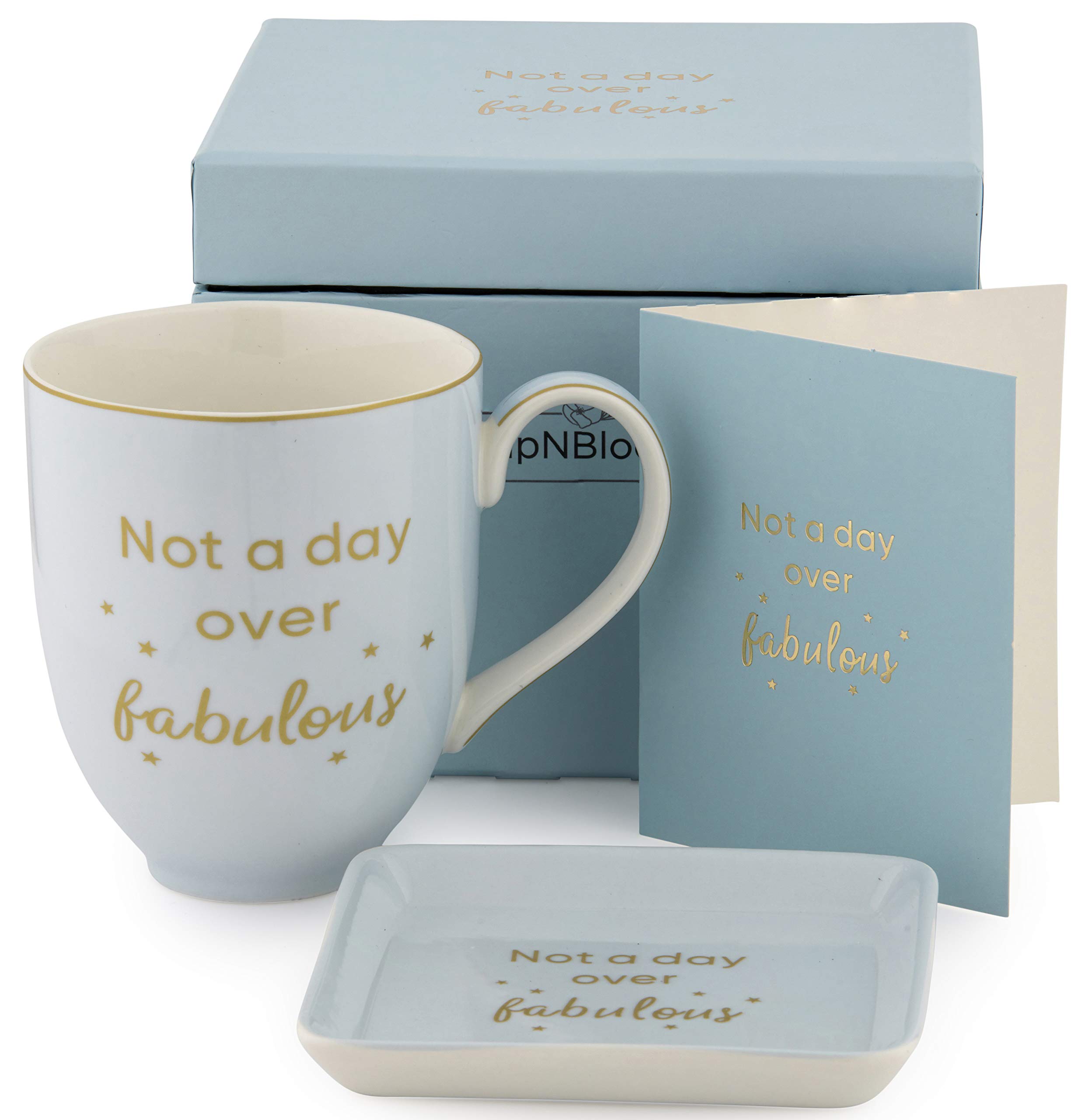 Unique Birthday Gift Set for Women - Elegant Coffee Mug & Jewelry Dish - Not a Day Over Fabulous Present - Perfect for Female Friends & Special Occasions - Stylish Blue Home Decor