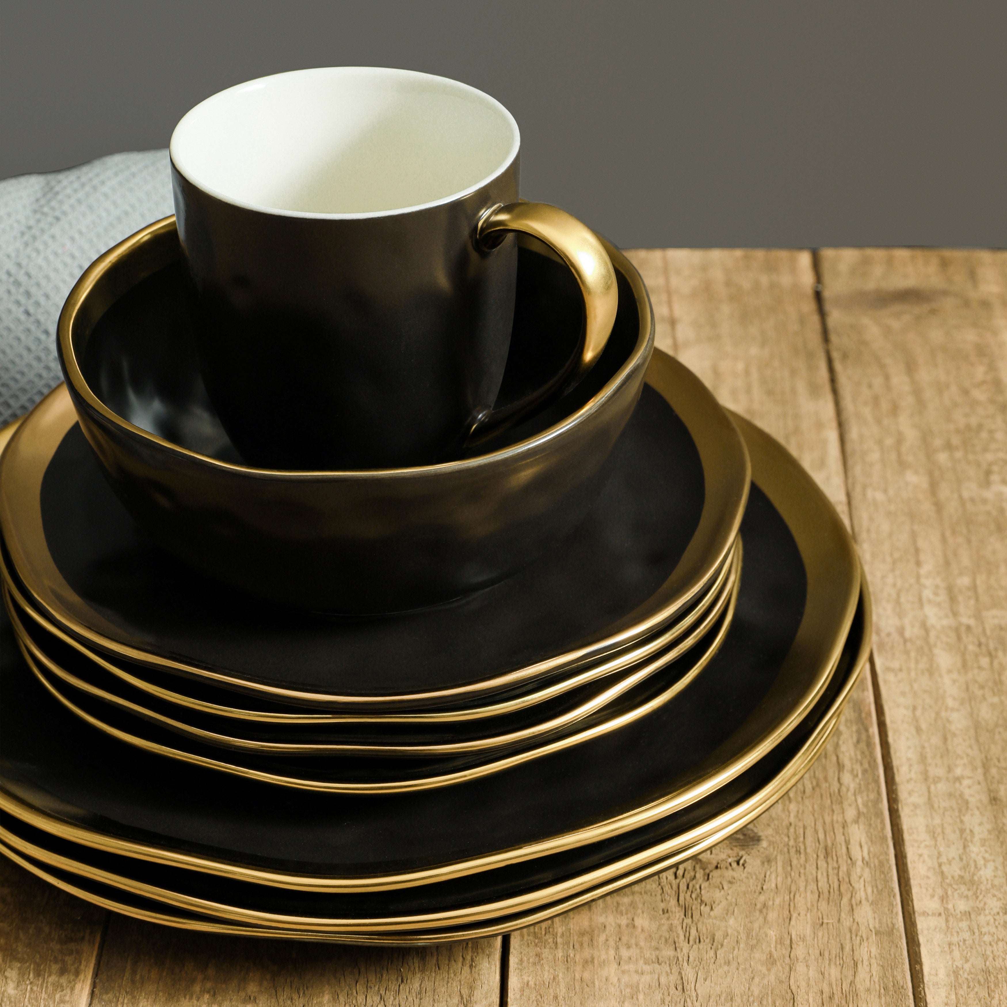 Florian Porcelain Dinnerware Set - 16-Piece Elegant Black Dinner Plates, Bowls & Mugs - Durable Chip-Resistant Dishware for Everyday Use & Formal Dining