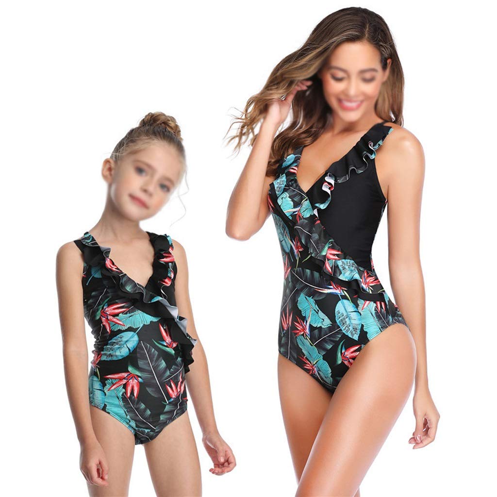 PDGJG Matching Family Swimsuits - Mother Daughter One Piece Swimsuit Set, Women's Bikini & Kids Beachwear (Black, Size 9-10T) | Perfect for Pool Parties, Beach Vacations & Summer Family Photos