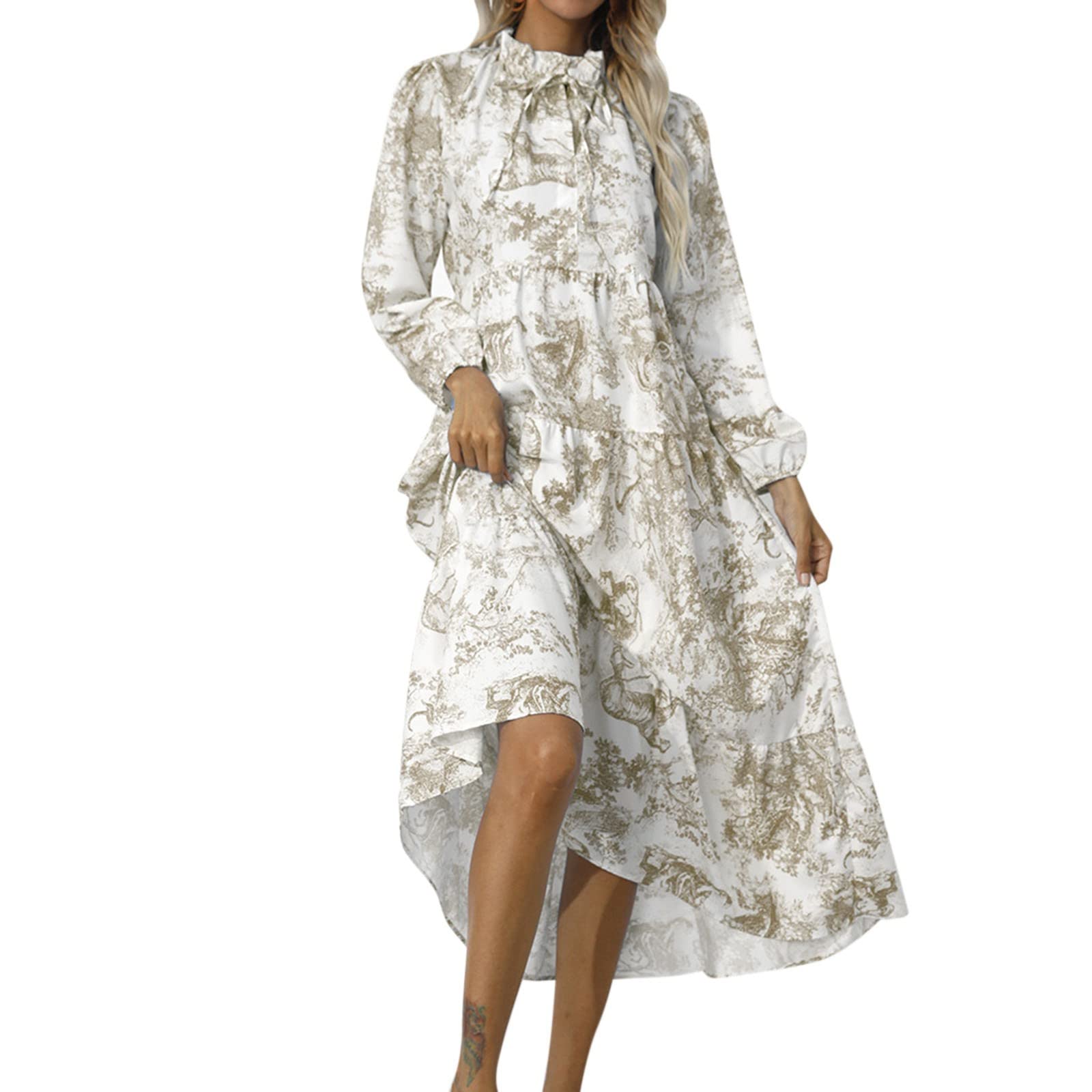 SLENDIPLUS Women's Casual Swing Maxi Dress - Round Neck, Long Sleeve, Loose Fit, Tiered Hem, Flowy Design for Everyday Wear, Date Night & Vacation Outfits