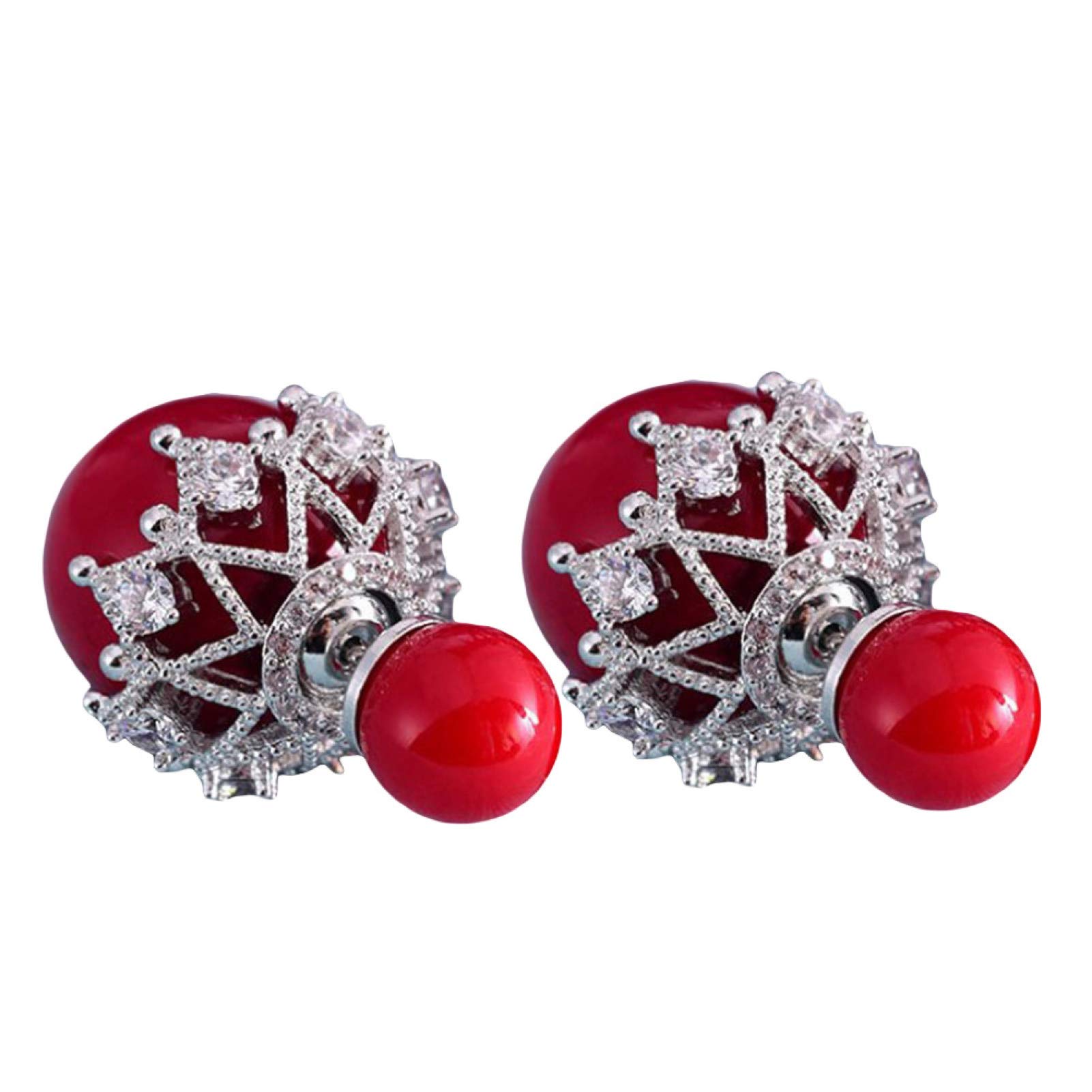 Elegant Double-Sided Imitation Pearl Flower Stud Earrings for Women & Girls - Silver & Red Hollow Design | Perfect Gift for Birthdays, Parties & Daily Wear