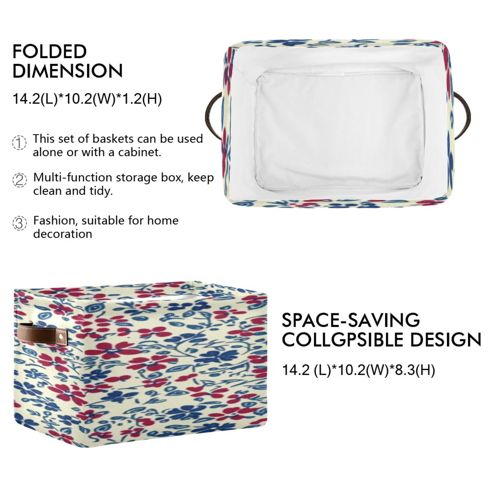 Large Foldable Storage Baskets with Handles - 2 Pack Creamy Red & Blue Floral Pattern - Closet Organizers, Shelf Bins for Home Organization (Perfect for Bedroom, Bathroom & Kids Room Storage)