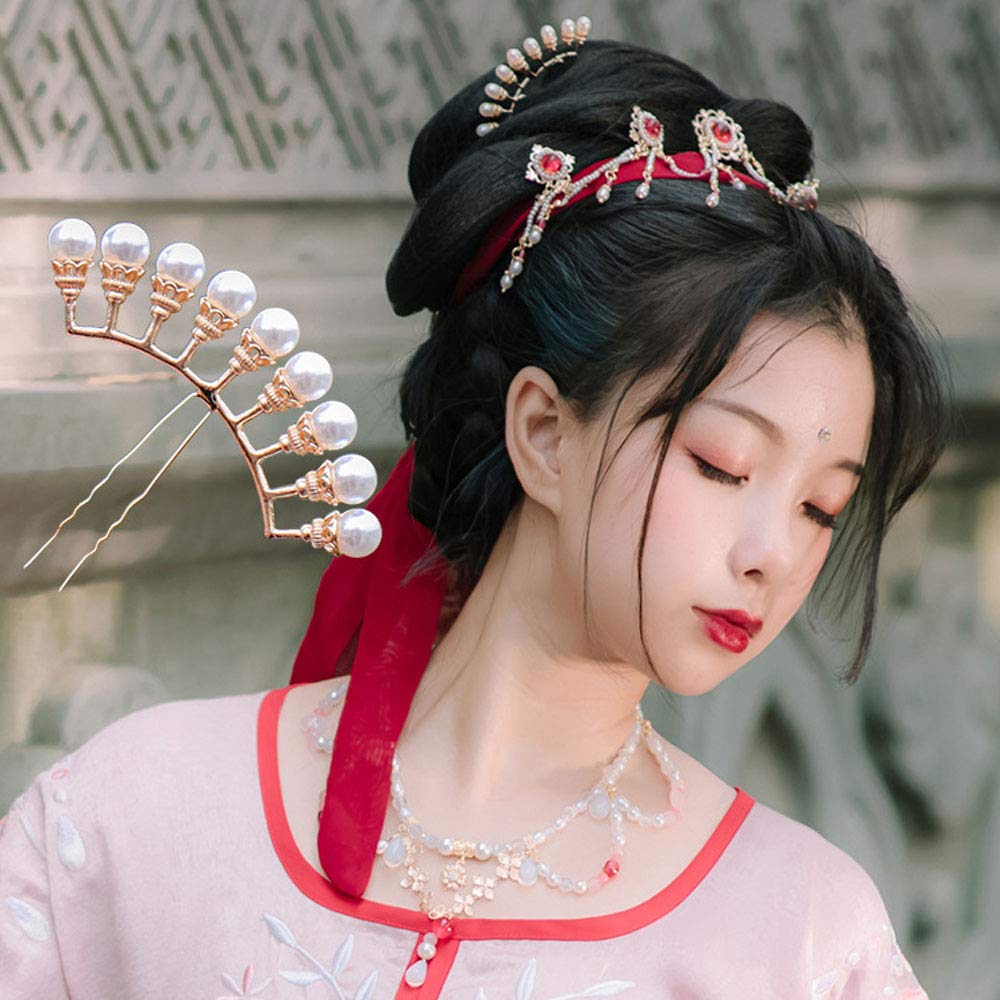 Vintage Chinese Hanfu Hair Sticks - Elegant Alloy Bridal Hair Forks with Pearl Rows, Gold 9-Row & White | Perfect for Weddings, Cosplay, and Traditional Chinese Costume Styling