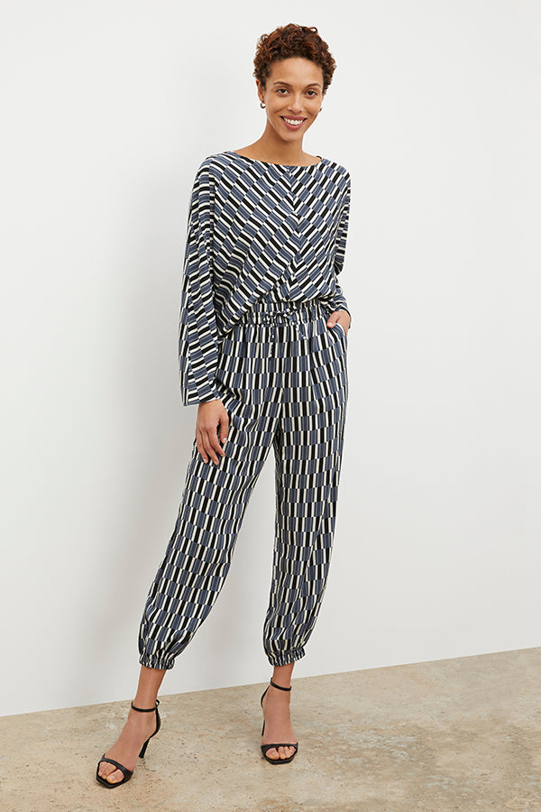 Amelia Jogger Pants - Arpeggio Print Washable Silk Joggers in Blue & Black | Comfortable Lounge Pants for Women | Perfect for Yoga, Travel & Casual Wear