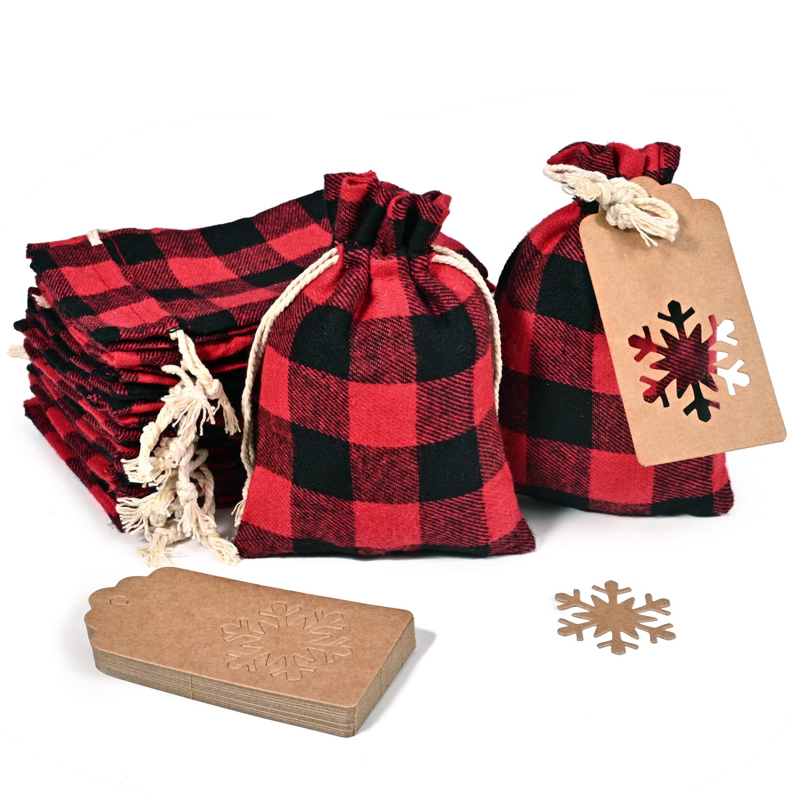 24pcs Buffalo Plaid Christmas Drawstring Gift Bags - Mini Holiday Candy Party Favor Bags with Kraft Gift Tags - Perfect for Xmas Party Favors, Stocking Stuffers & Gift Wrapping