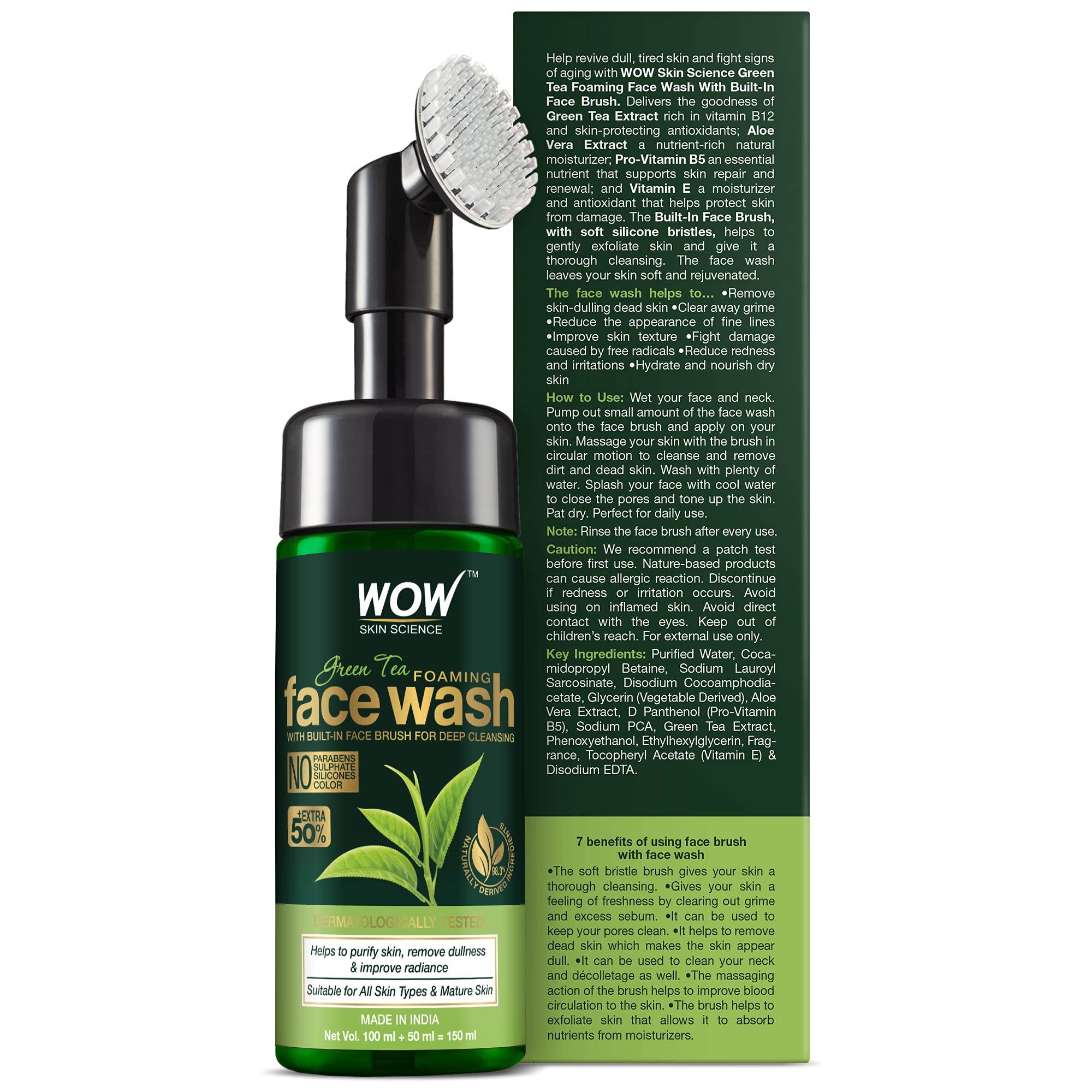 WOW Skin Science Green Tea Foaming Face Wash with Built-In Face Brush - Acne Treatment & Pore Cleanser for Clear Skin - 150mL | Daily Deep Cleansing for Oily & Combination Skin