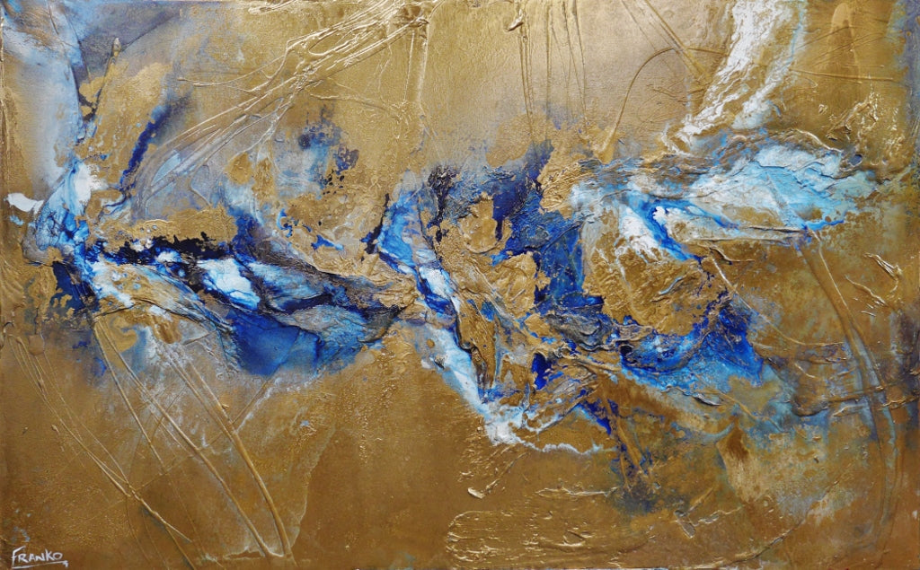 Metallic Sapphire 160cm x 100cm Gold Blue Textured Abstract Canvas Art - Modern Wall Decor for Living Room, Bedroom & Office