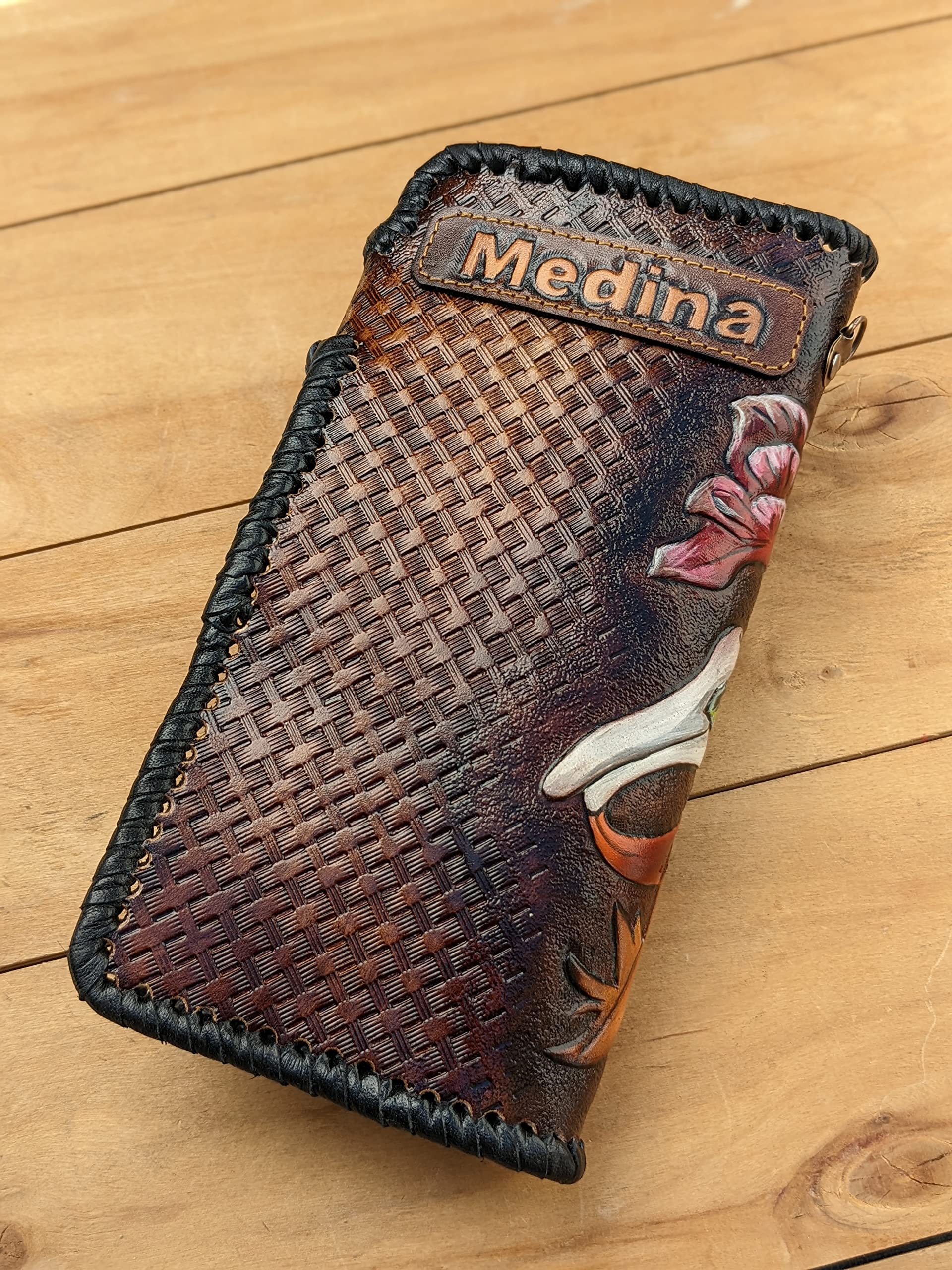 Handmade Mexican Sugar Skull 3D Genuine Leather Wallet for Men - Sombrero & Maracas Design, Long Biker Wallet with Airbrush Art, Custom Personalized Carved Skeleton Wallet - Perfect for Day of the Dead Gifts, Biker Accessories & Unique Fashion Statements