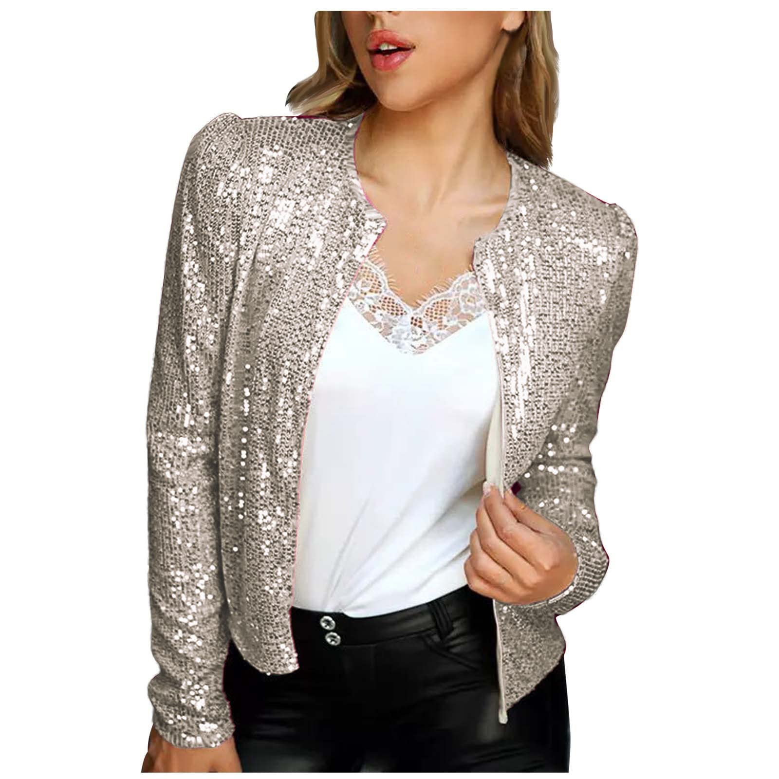 Women's Cropped Long Sleeve Open Front Cardigan Shrug Blazer - Solid Sequins Glitter Crop Jacket for Party, Clubwear & Evening Outfits | Perfect for Nightlife, Date Nights & Special Occasions