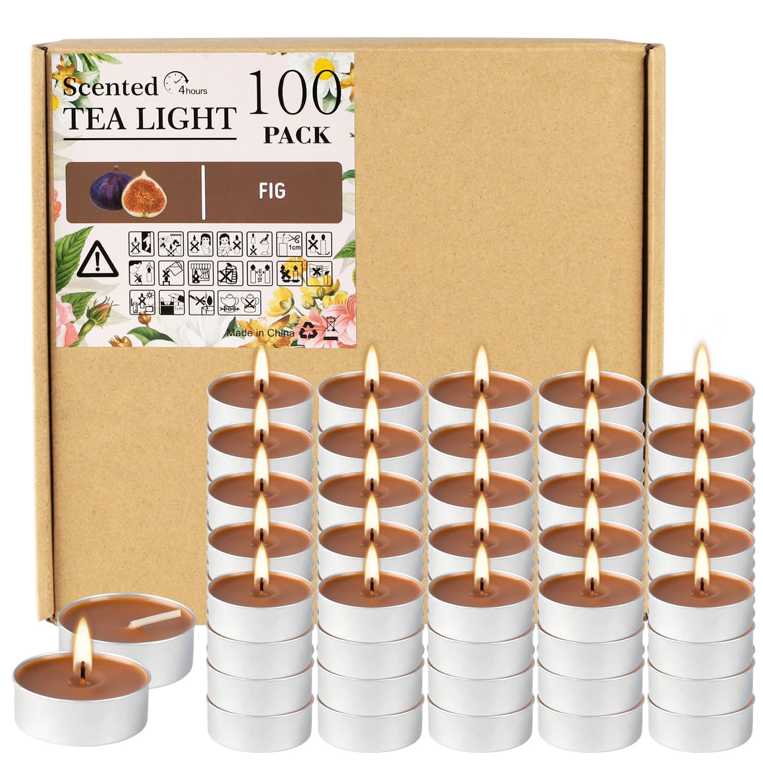 100-Pack Fig Scented Tealight Candles - 4-Hour Burn Time, Aromatherapy Votive Candles for Home, Wedding, Holiday Decor & Emergency Use (Brown) - Perfect for Relaxation, Spa Nights & Power Outages