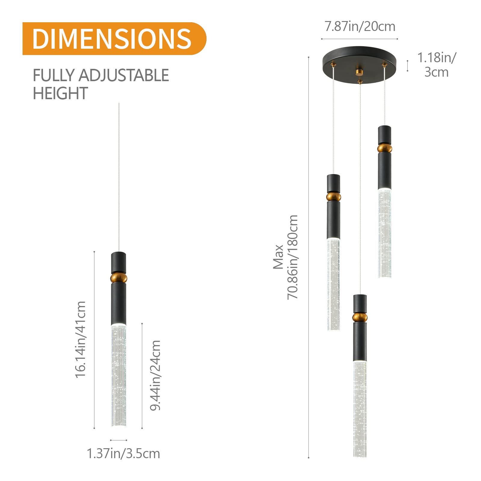 LMQNINE Modern Black Dimmable LED Mini Pendant Light with Bubble Crystal - 3-Light Kitchen Island Ceiling Fixture for Bedroom, Dining Room & Home Decor | Energy-Efficient Lighting for Stylish Interiors