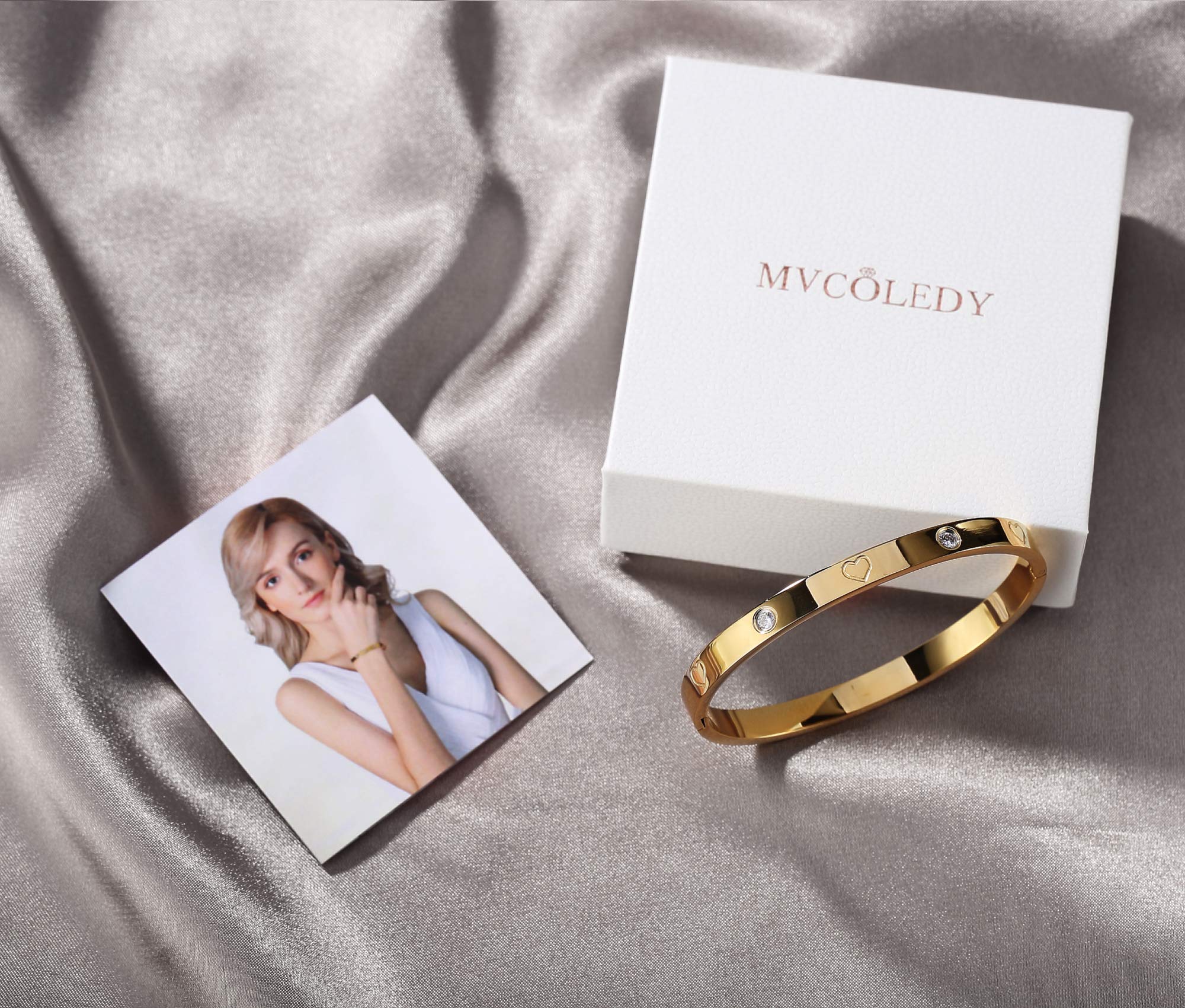 MVCOLEDY Gold & White Gold Plated Heart Stone Crystal Bangle Bracelet for Women - 6.7 Inch Stainless Steel Jewelry - Perfect Christmas Gift, Birthday Present & Anniversary Jewelry for Her