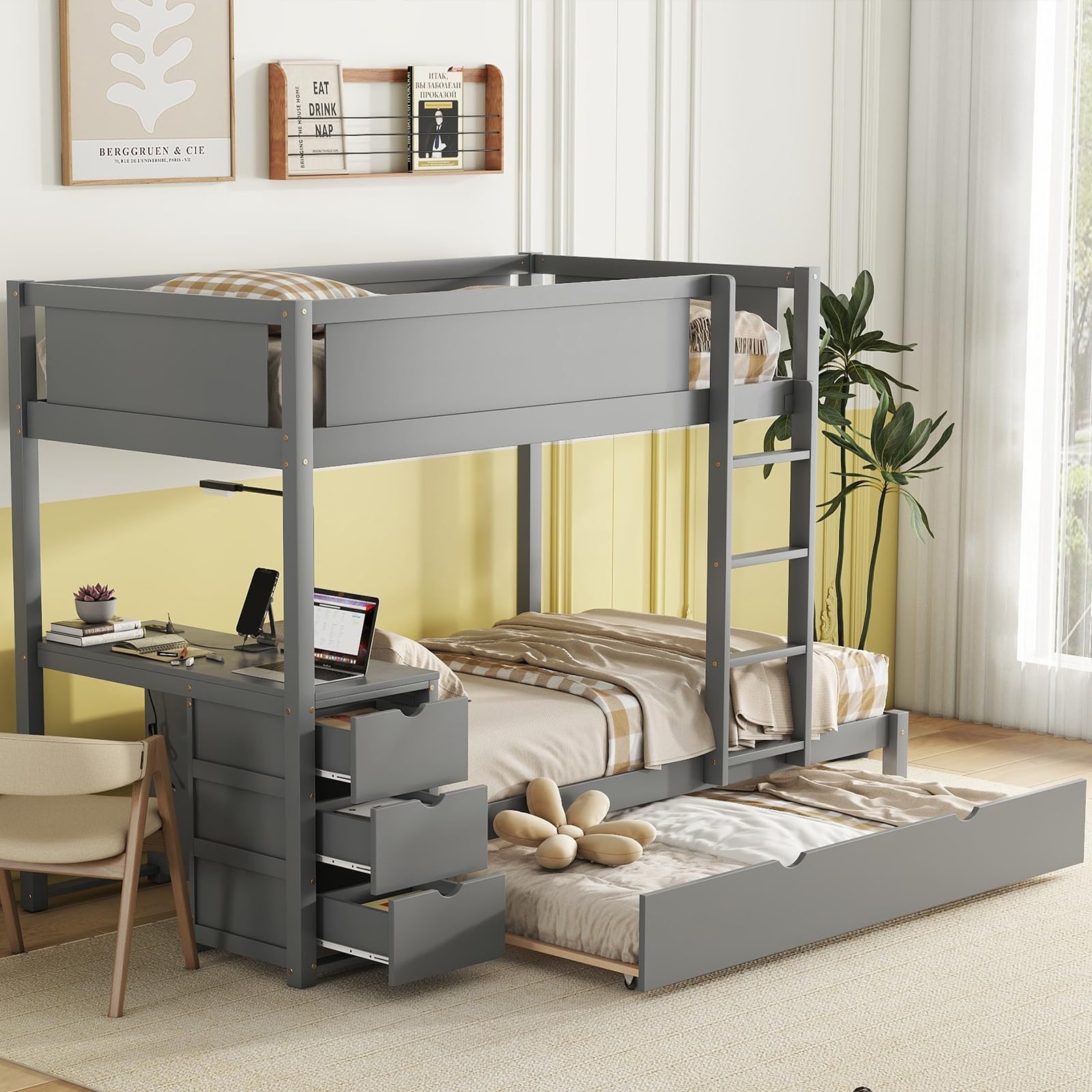 Harper & Bright Designs Twin Over Twin Bunk Bed with Trundle, Desk & Storage Drawers - Solid Wood Bunk Bed Frame for Kids, Teens & Adults - Space Saving Gray Bedroom Furniture for Small Rooms, Guest Rooms & Vacation Homes