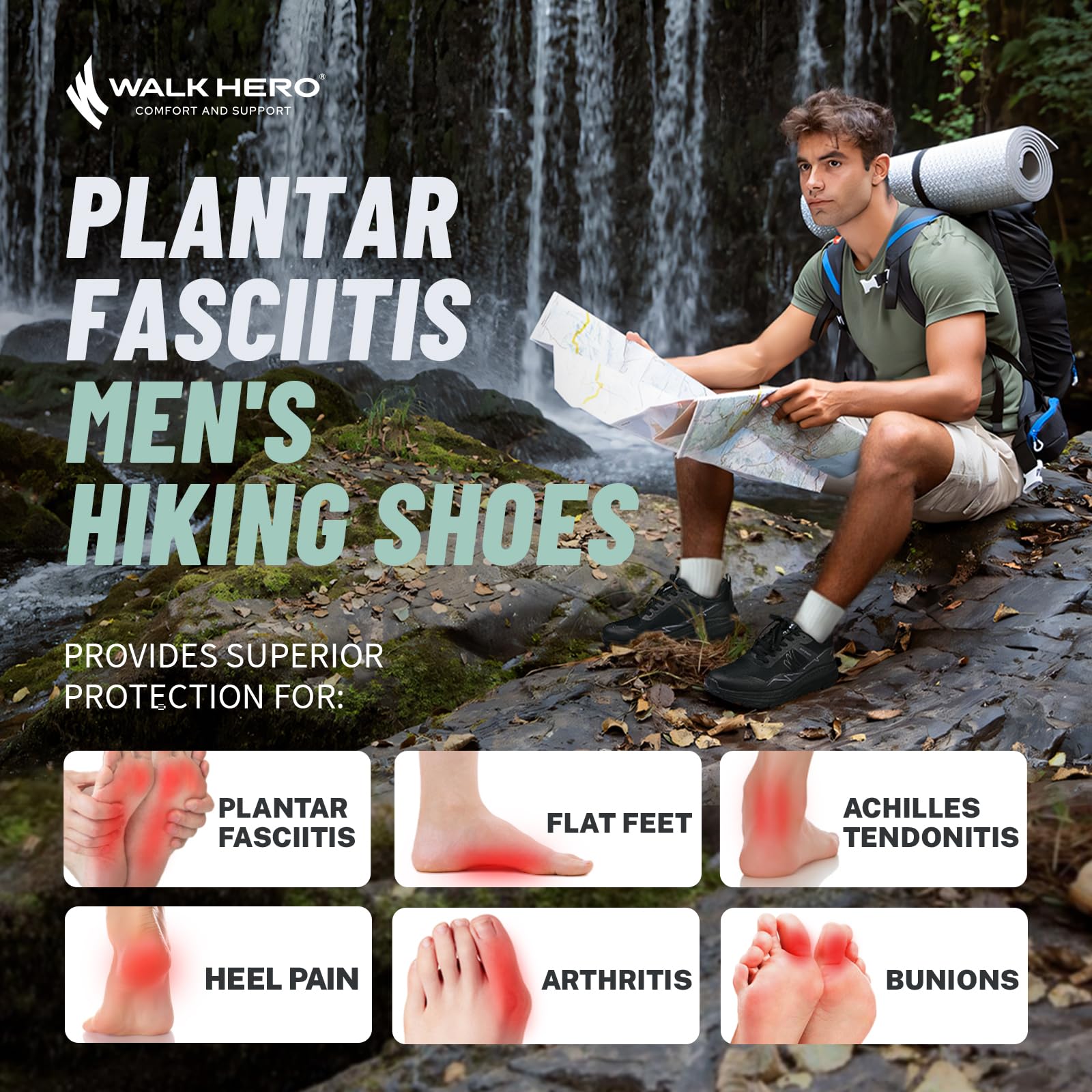 Men's Orthopedic Hiking Shoes for Plantar Fasciitis Relief - Arch Support Walking Sneakers with Wide Toe Box - Lightweight Waterproof Outdoor Shoes for Foot & Heel Pain - Perfect for Trail Hiking, Travel & Daily Comfort