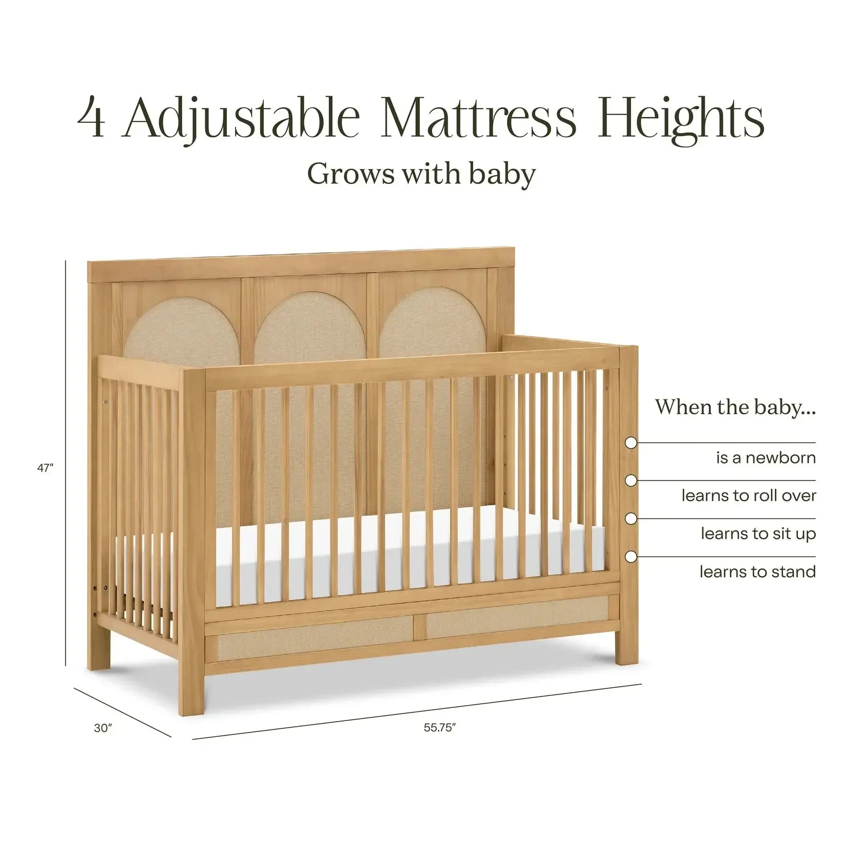 Eloise 4-in-1 Convertible Baby Crib in Honey & Sand - Eco-Friendly Weave Fabric for Nursery, Toddler & Guest Room - Safe & Durable Wooden Crib with Adjustable Mattress Height