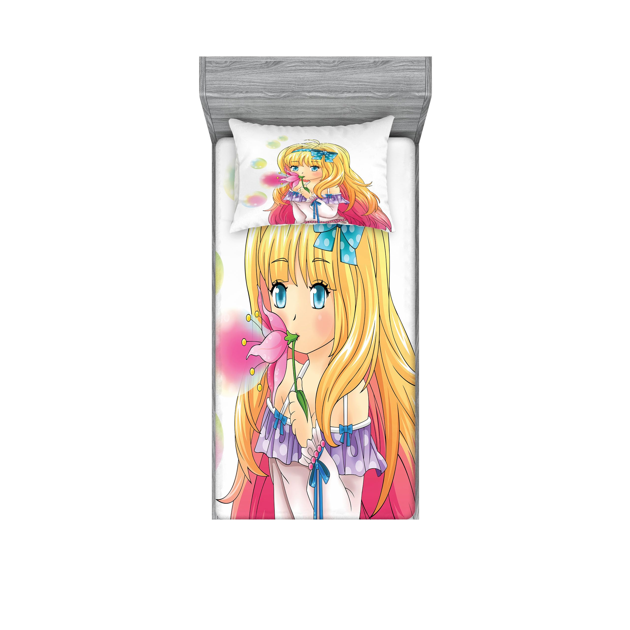 Ambesonne Anime Fitted Sheet & Pillow Sham Set - Manga Girl Blowing Bubbles from Flower Japanese Cartoon Art Print, Pink & Yellow Twin XL 2-Piece Bedding Set for Anime Fans, Teens Room Decor, Kawaii Themed Bedroom Accessories