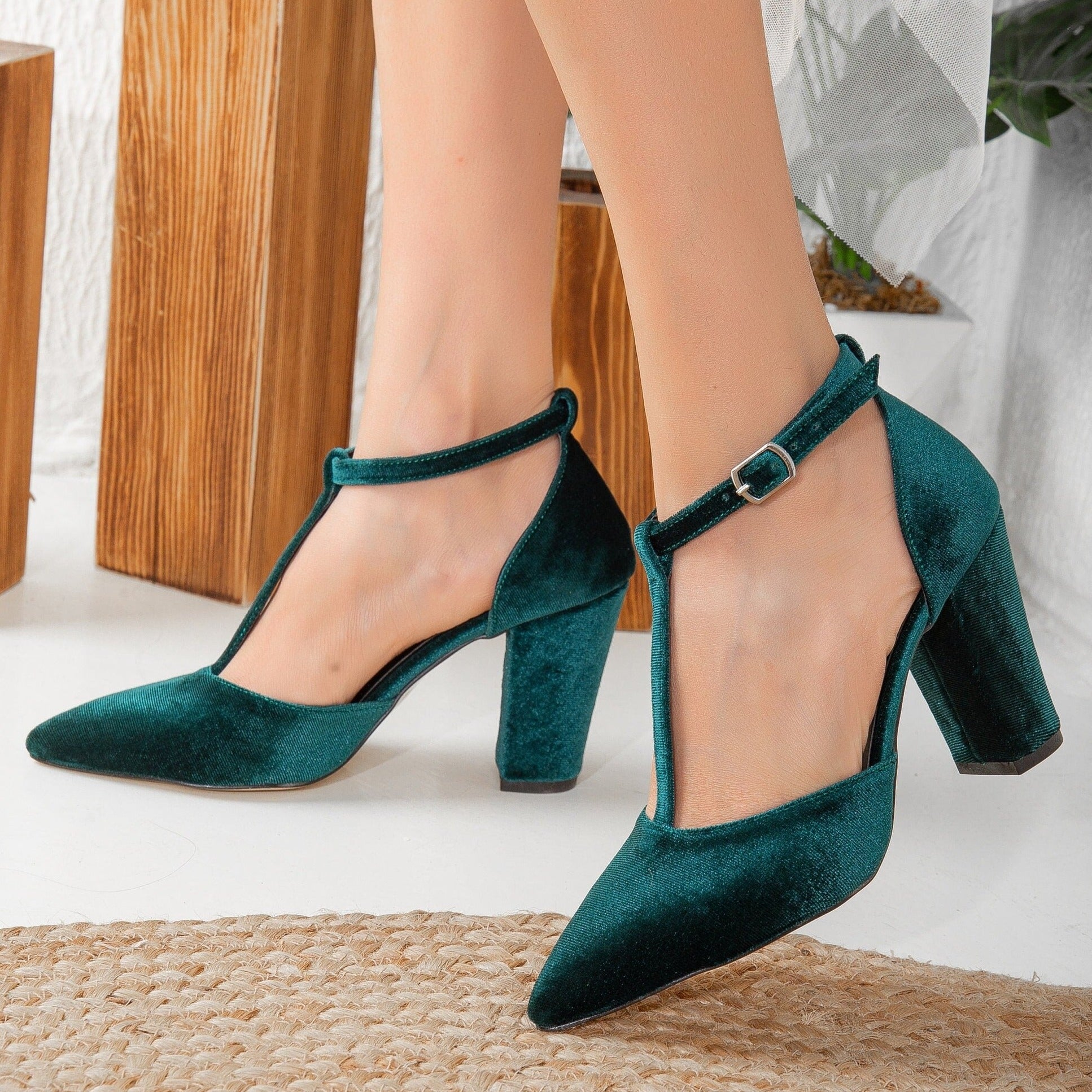 Angelique Green Velvet Wedding Heels for Bride - Elegant High Heel Shoes for Bridal Party, Prom & Formal Events