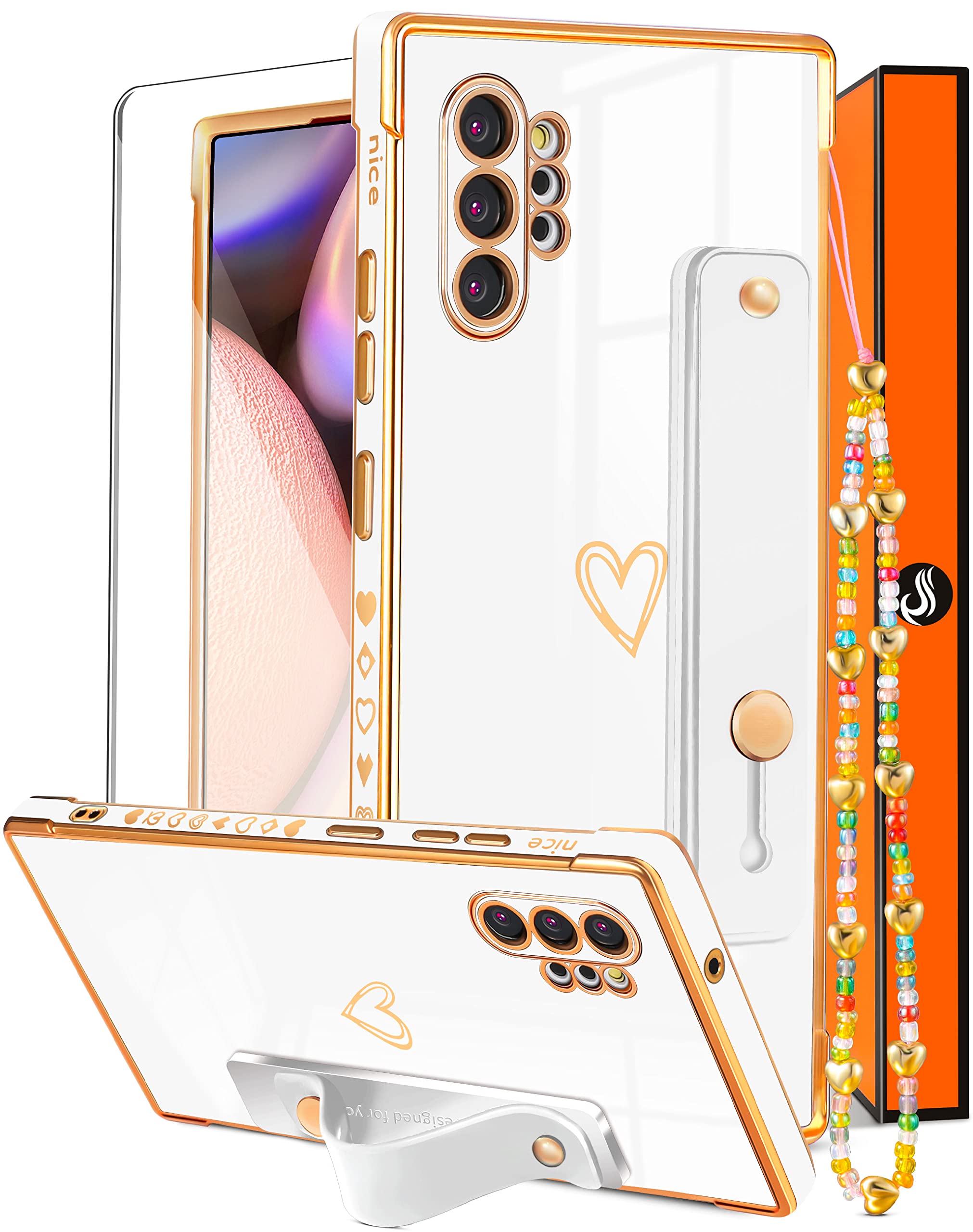 3-in1 Luxury Cute Girly Aesthetic Phone Case for Samsung Galaxy Note 10 Plus (6.8 inch) - Trendy White & Gold Plating Heart Design with Loop Chain - Perfect Gift for Women & Girls - Ideal for Daily Use, Work, and Social Events