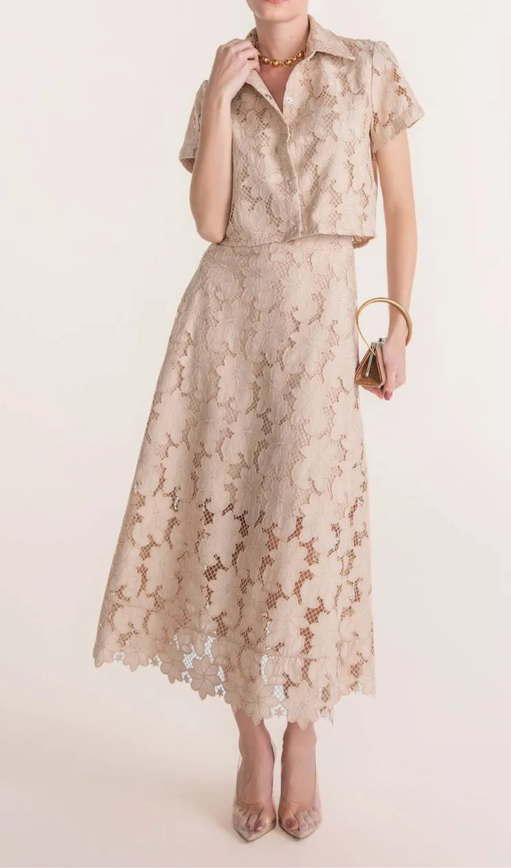 Guipure Mesh Midi Skirt and Cropped Top Set in Apricot - Elegant Summer Outfit for Beach Parties, Date Nights & Casual Wear