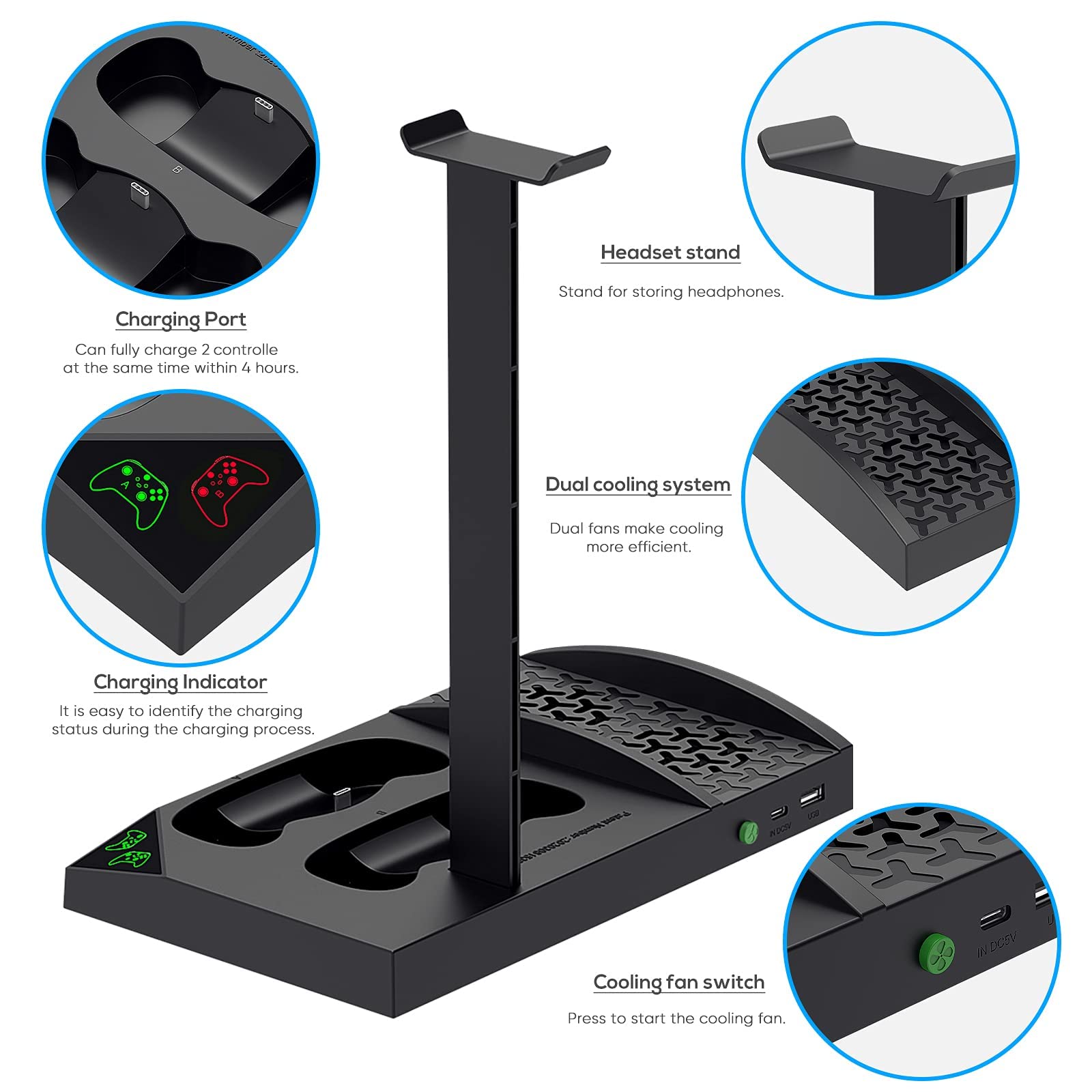 YUANHOT Xbox Series S Cooling Fan Stand with 4-Pack 1400mAh Rechargeable Batteries - Vertical Charging Dock Station with Controller Charger Port & Cooling System for XSS - Black - Perfect for Gaming Marathons & Overheating Protection