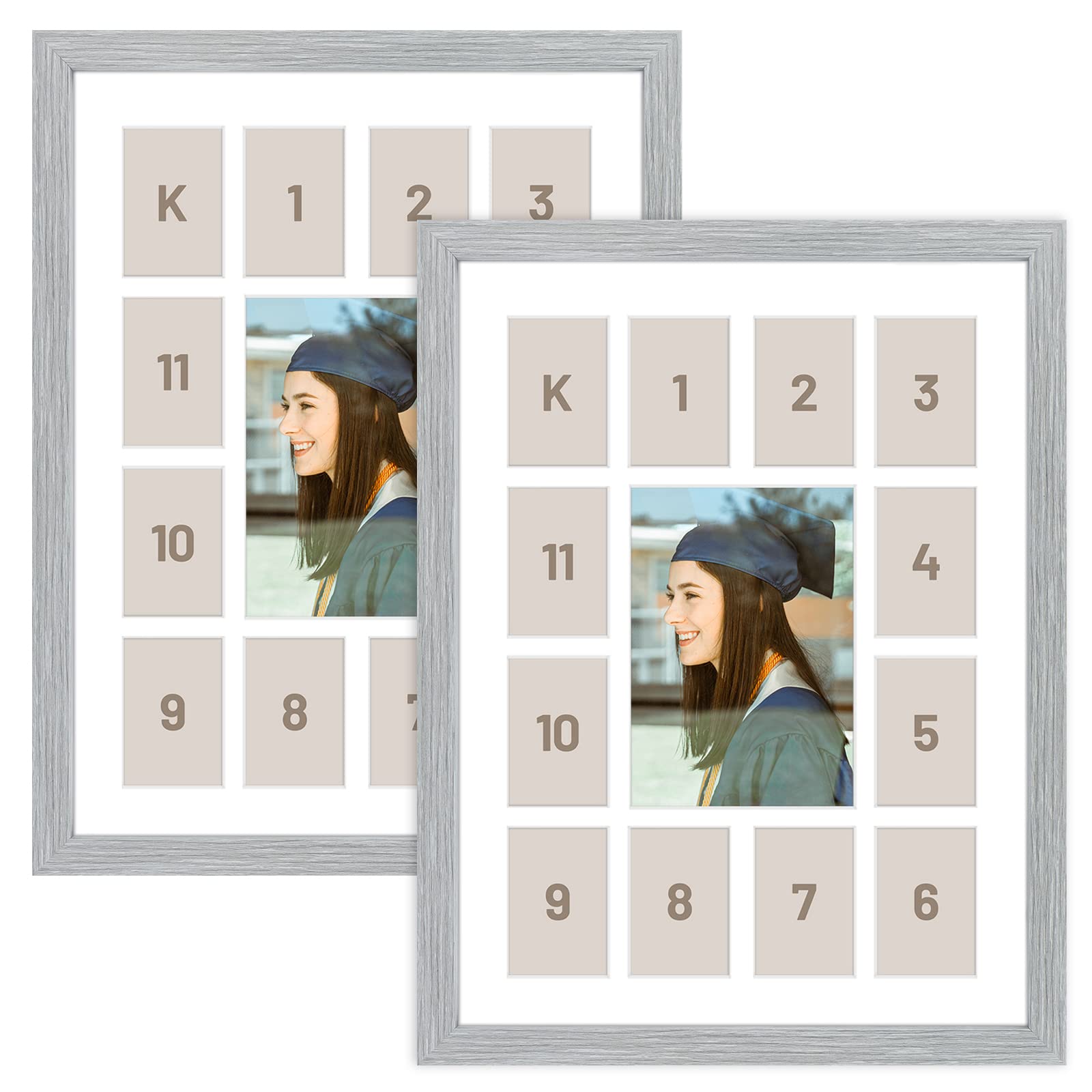 Golden State Art 12x16 Grey Wood Collage Frame with 13 Openings & White Mat – Display 1 (5x7) + 12 (2.5x3.5) Photos – Real Glass Picture Frame for Collectible Cards, Sports Memorabilia & Family Photos – Perfect for Living Room, Bedroom or Office Decor – 2 Pack