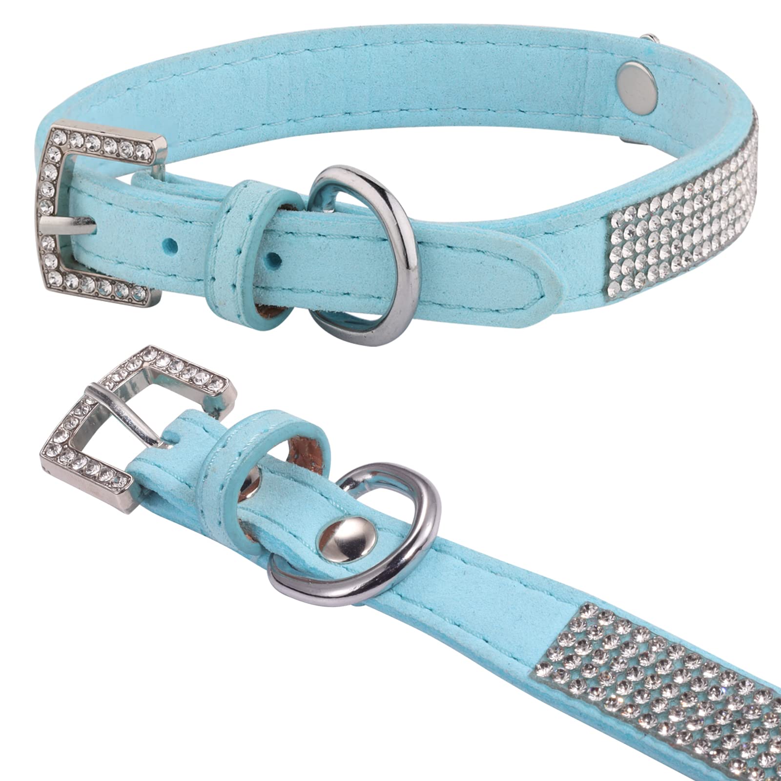 Sparkly Silver Buckle Rhinestone Crown Velvet Leather Dog Collar for Small Dogs & Cats - Luxury Bling Diamond Decoration Pet Collar (XS, Blue) - Perfect for Daily Walks, Grooming & Special Occasions