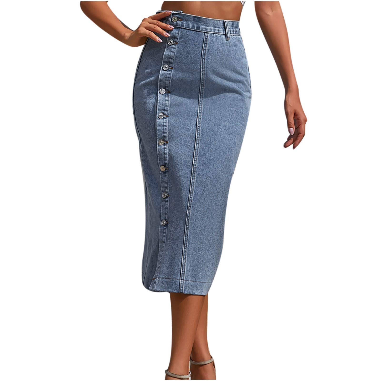 Vintage High Waist Denim Skirt for Women - Retro Button Front Long Split Maxi Skirt with Asymmetrical Hem | Perfect for Casual Outfits, Boho Style & Summer Fashion