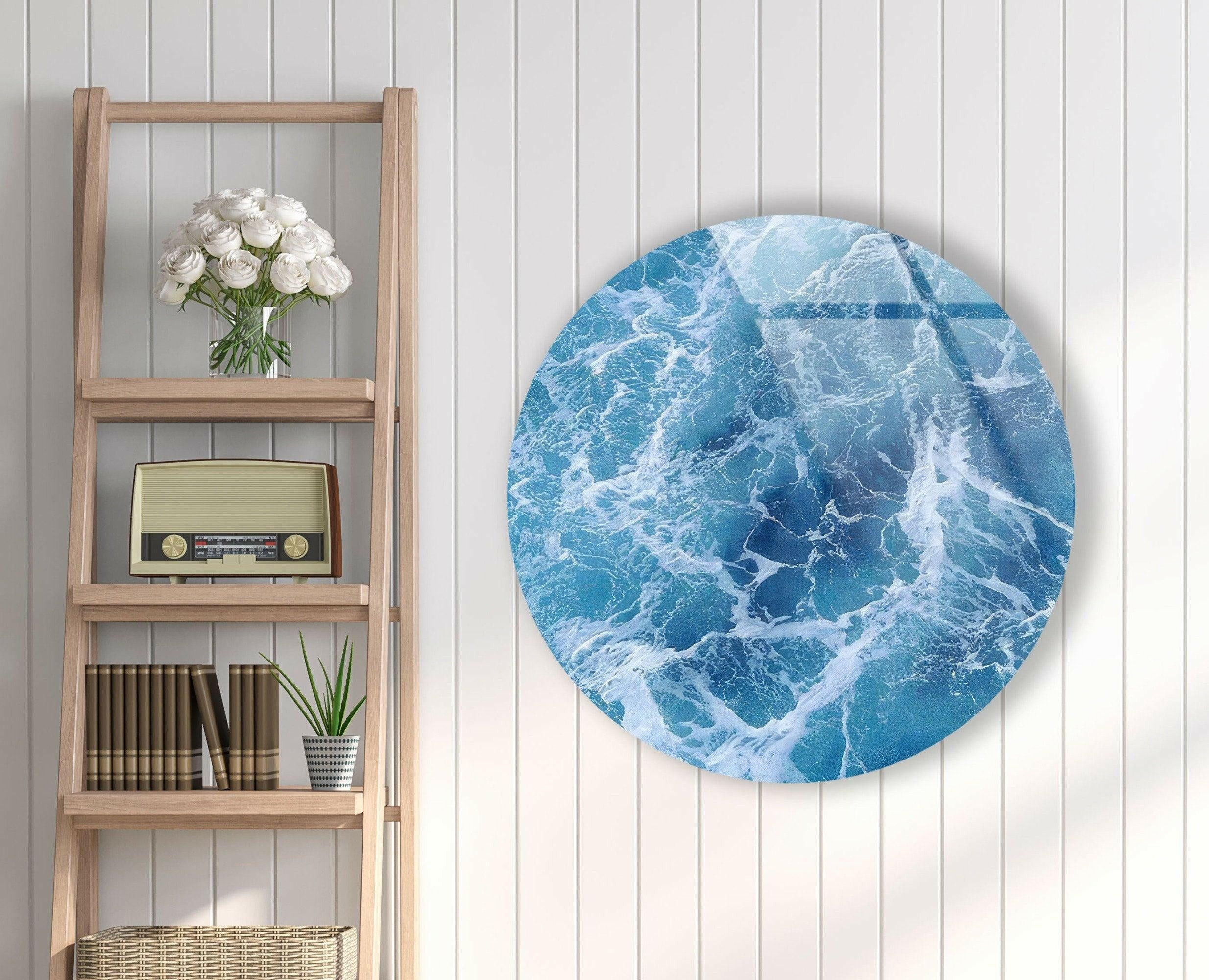 Blue Ocean Waves Round Glass Wall Art - Coastal Decor for Living Room, Bedroom & Office - Handmade Seascape Mural for Home & Office Decor