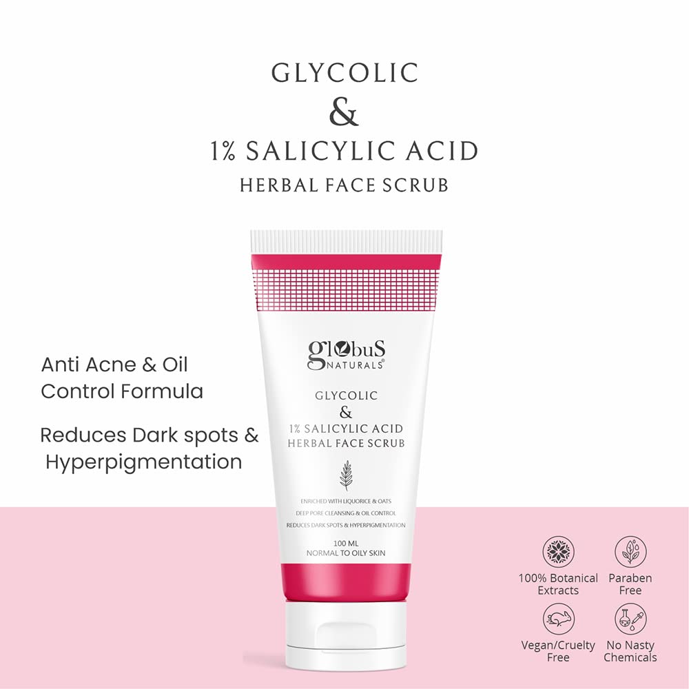 Globus Naturals Glycolic & 1% Salicylic Acid Anti-Acne Face Care Combo Set - 3-Piece Kit with Face Cream, Gel & Scrub for Clear Skin | Daily Acne Treatment & Exfoliation Routine
