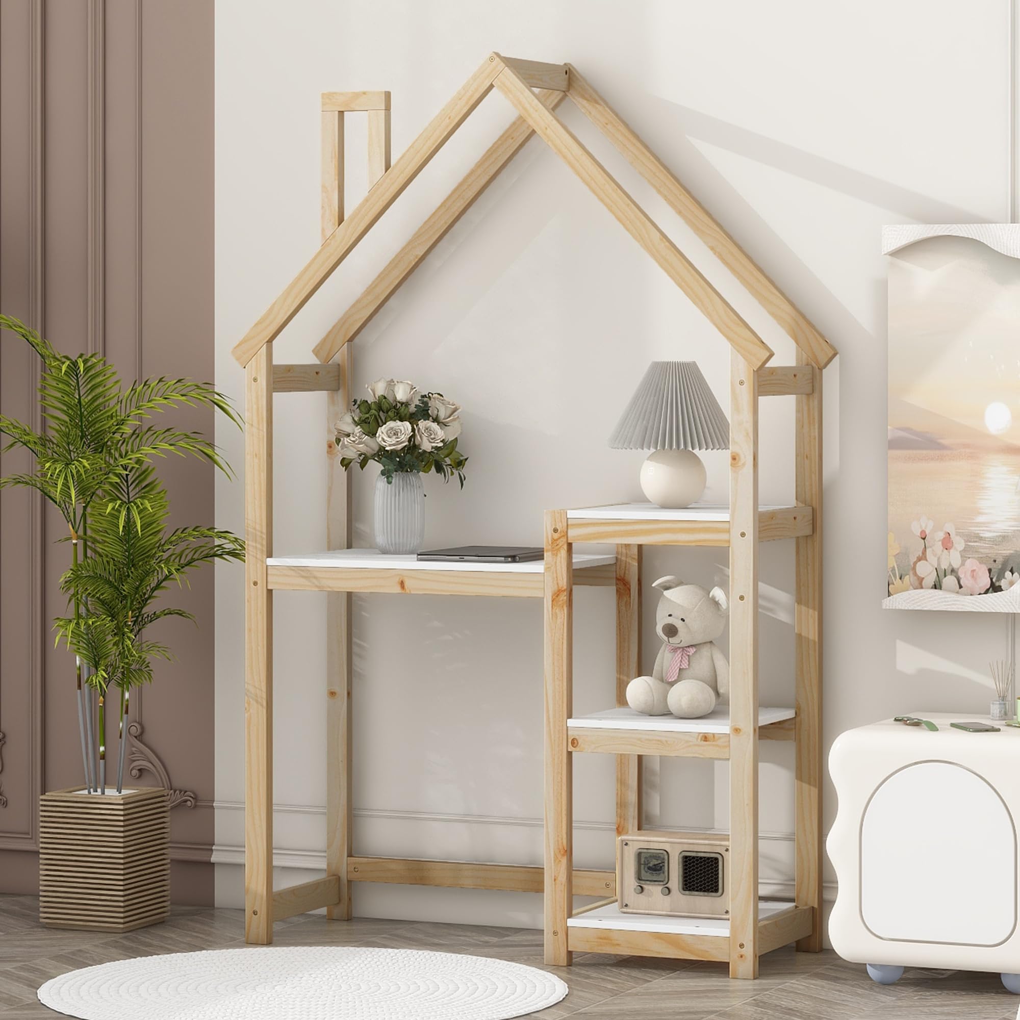 KEIKI Wooden House-Shaped Kids Study Desk with Bookshelf & Toy Storage - Natural Wood Children's Writing Table for Homework, Reading & Playroom Organization