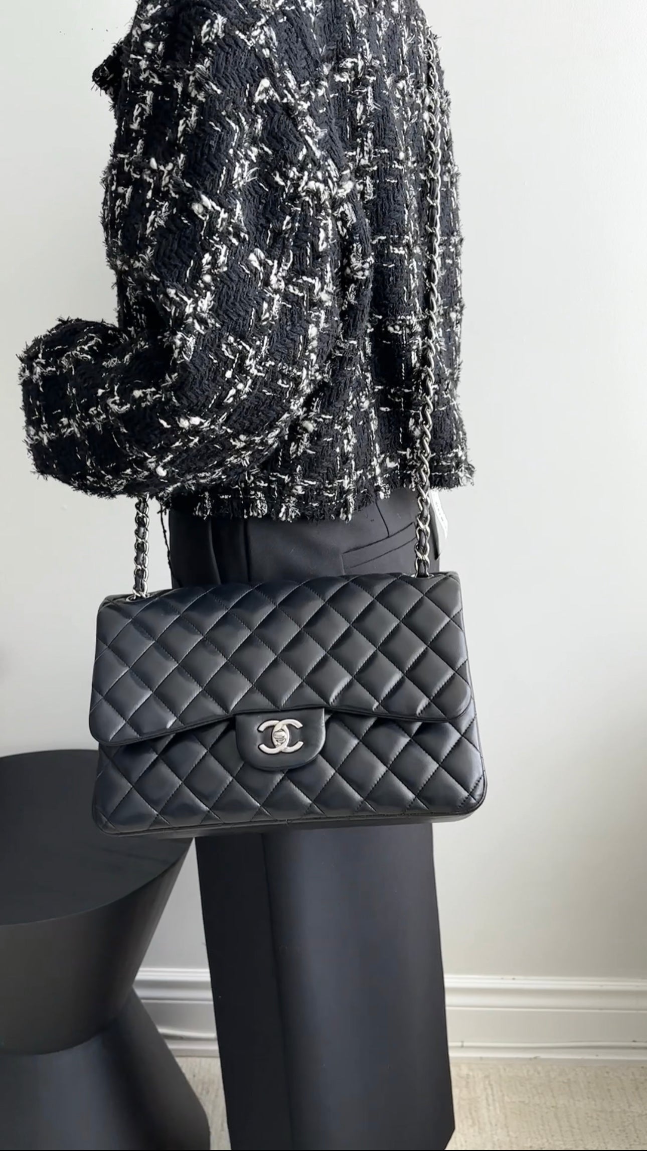 Chanel Black Lambskin Leather Jumbo Double Classic Flap Bag with Silver Hardware - Luxury Designer Handbag for Women, Perfect for Evening Events & Special Occasions