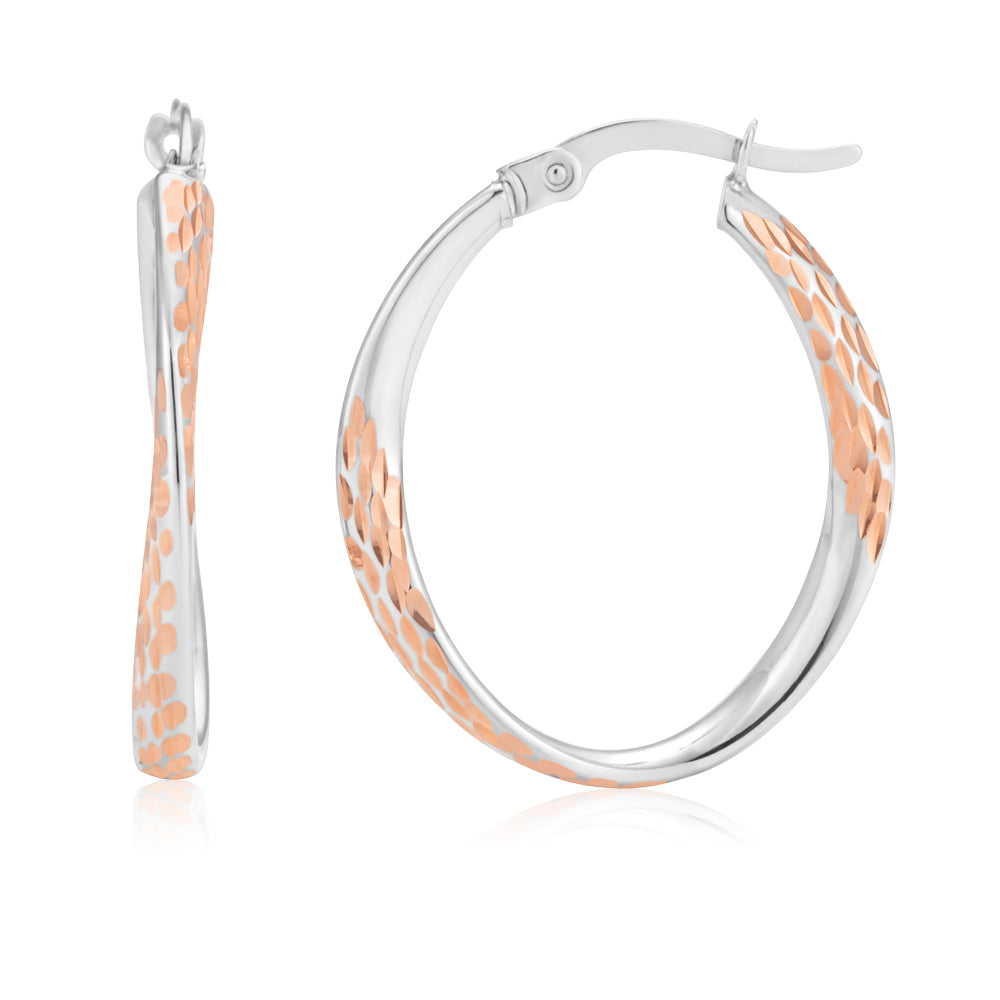 9ct Three Tone Diamond Cut Oval Hoop Earrings - Elegant Gold Silver Rose Gold Jewelry for Women, Perfect for Parties, Weddings & Everyday Wear