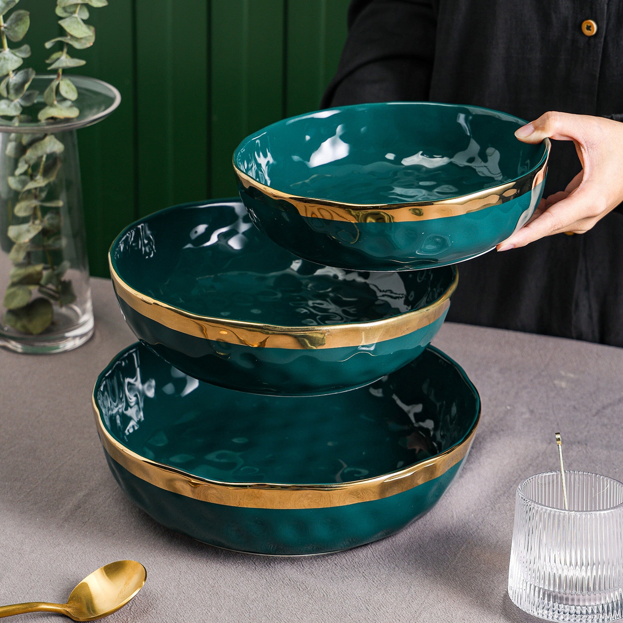 Premium Florian Porcelain Dinnerware Set - 6-Piece Green Serving Bowls for Soup, Salad & Dessert | Elegant Tableware for Home Dining & Entertaining