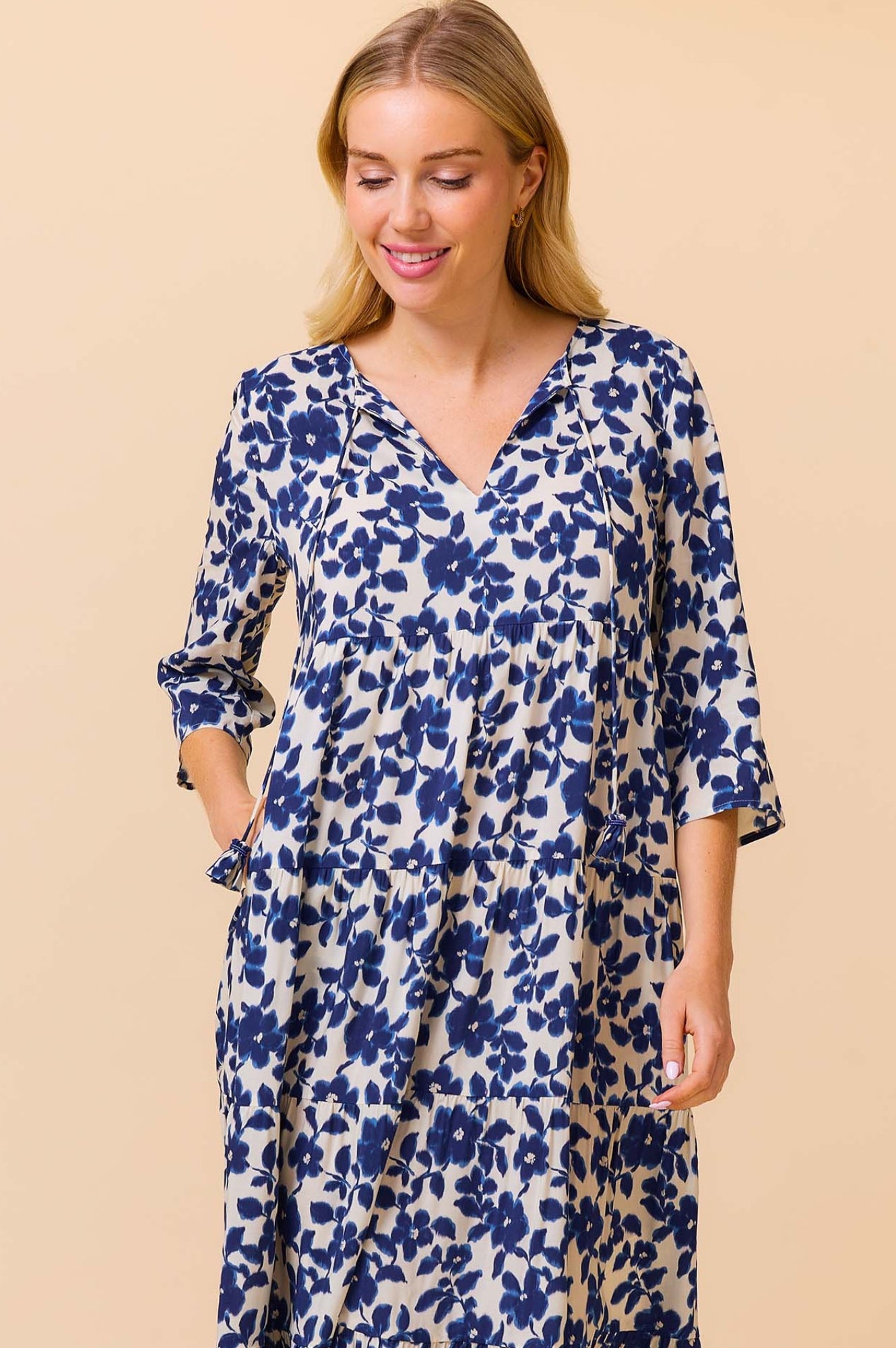 Emma EcoVero™ Midi Dress - Blossom Cream/Navy | Sustainable Women's Floral Summer Dress for Casual Wear, Beach & Outdoor Activities