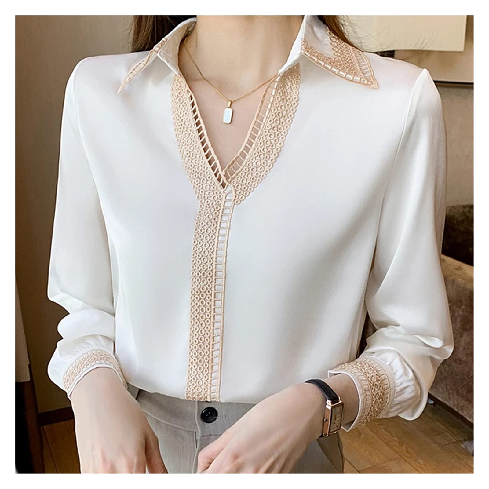 UXZDX Women's Long Sleeve V-Neck Chiffon Blouse - White Fall Tops for Women (Size S) | Elegant Office Wear & Casual Autumn Outfits
