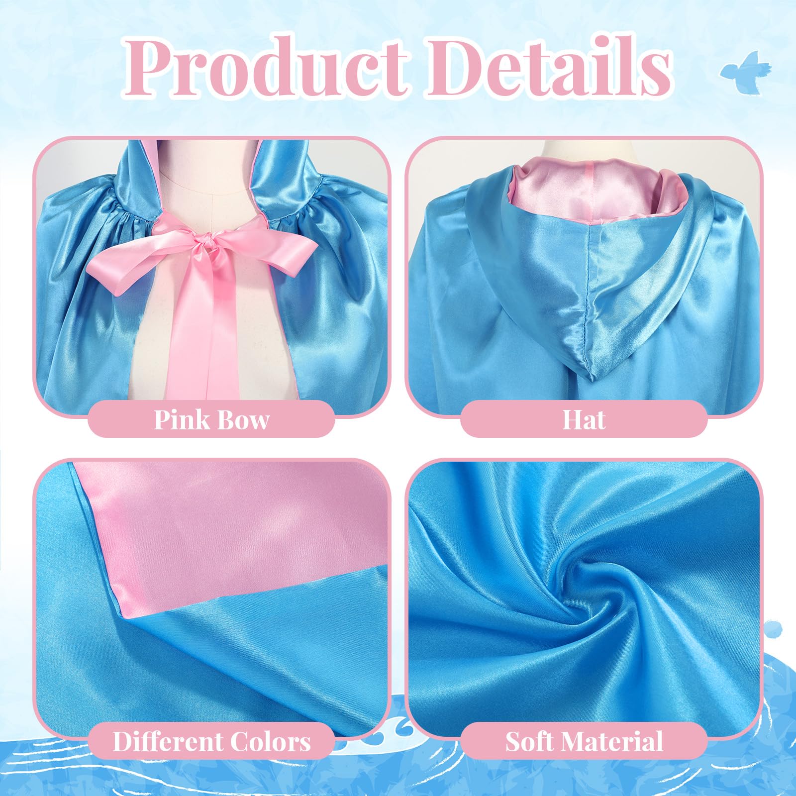 Blue Fairy Hooded Cloak Costume for Women - Polyester Cape with Pink Ribbon | Princess Cosplay, Renaissance Fair, Halloween Dress Up, Fantasy Costume Party
