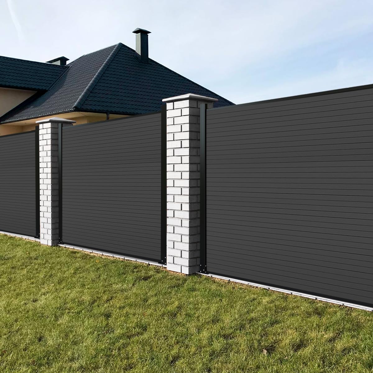6x6 Ft Outdoor Privacy Screen - Durable Wood Plastic Composite AC Fence Panels for Patio, Garden & Trash Can Enclosure - Black with Ground Posts - Perfect for Backyard, Deck & Poolside Privacy