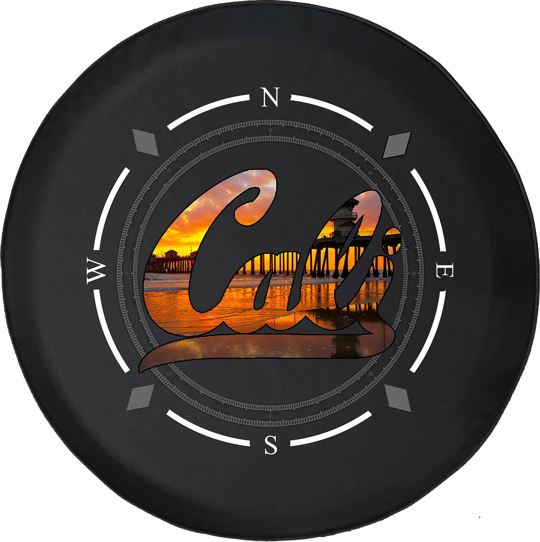 Premium American Unlimited Spare Tire Cover with Compass Design - California Beach Sunset Theme - Universal Fit for SUV, Trailer, RV & Most Vehicles - Durable Wheel Protection for Road Trips & Outdoor Adventures